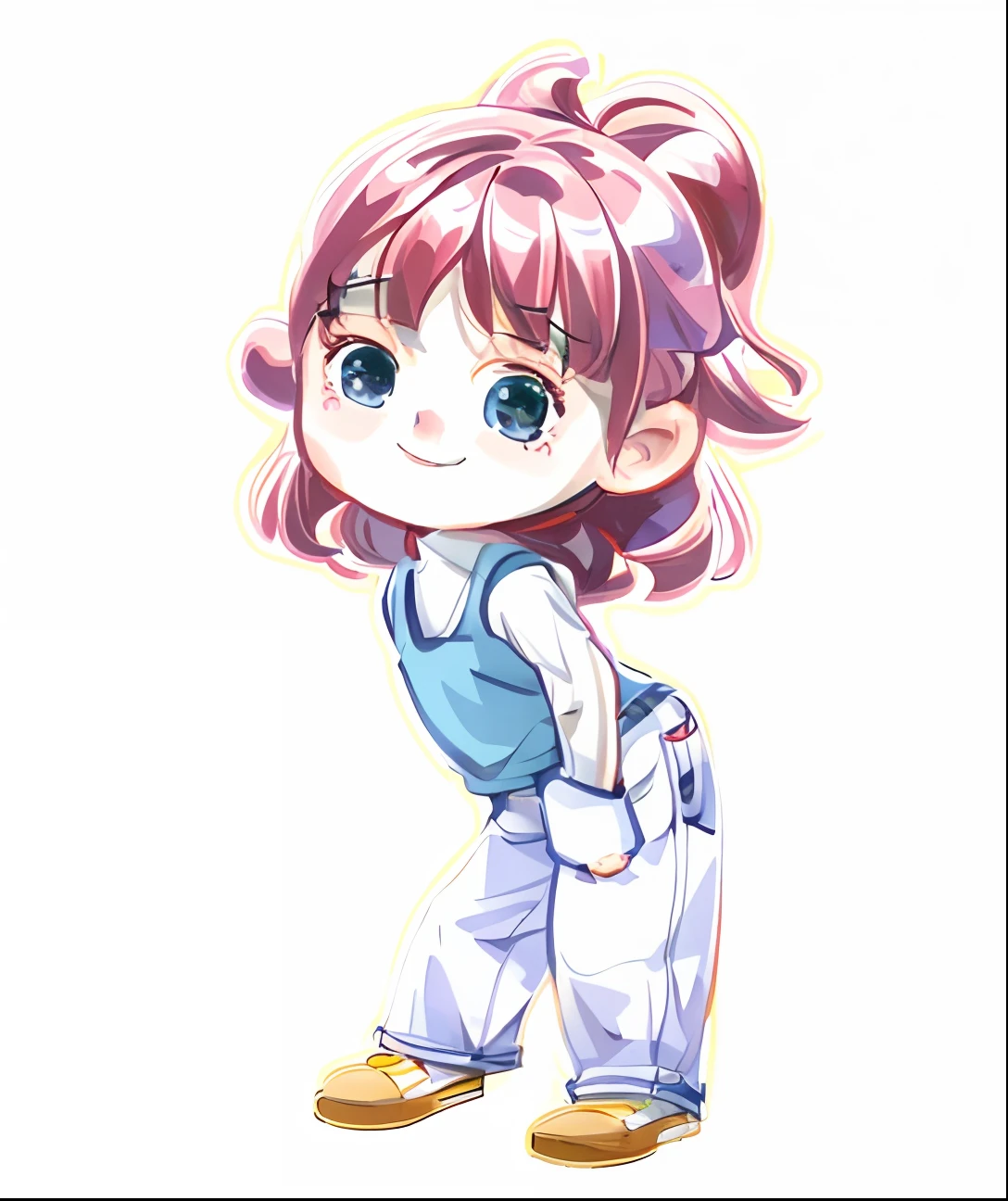 A little girl in jeans and a white shirt stands, Cute cartoon character, chibi girl, character is in her natural pose, Cute cartoon style, Cartoon Cute, Cute cartoon, chibiStyle, cartoonish style, cute character, Girl standing, carismatic, Cartoon Art Style, high quality character design, character is standing, Ruan cute vtuber