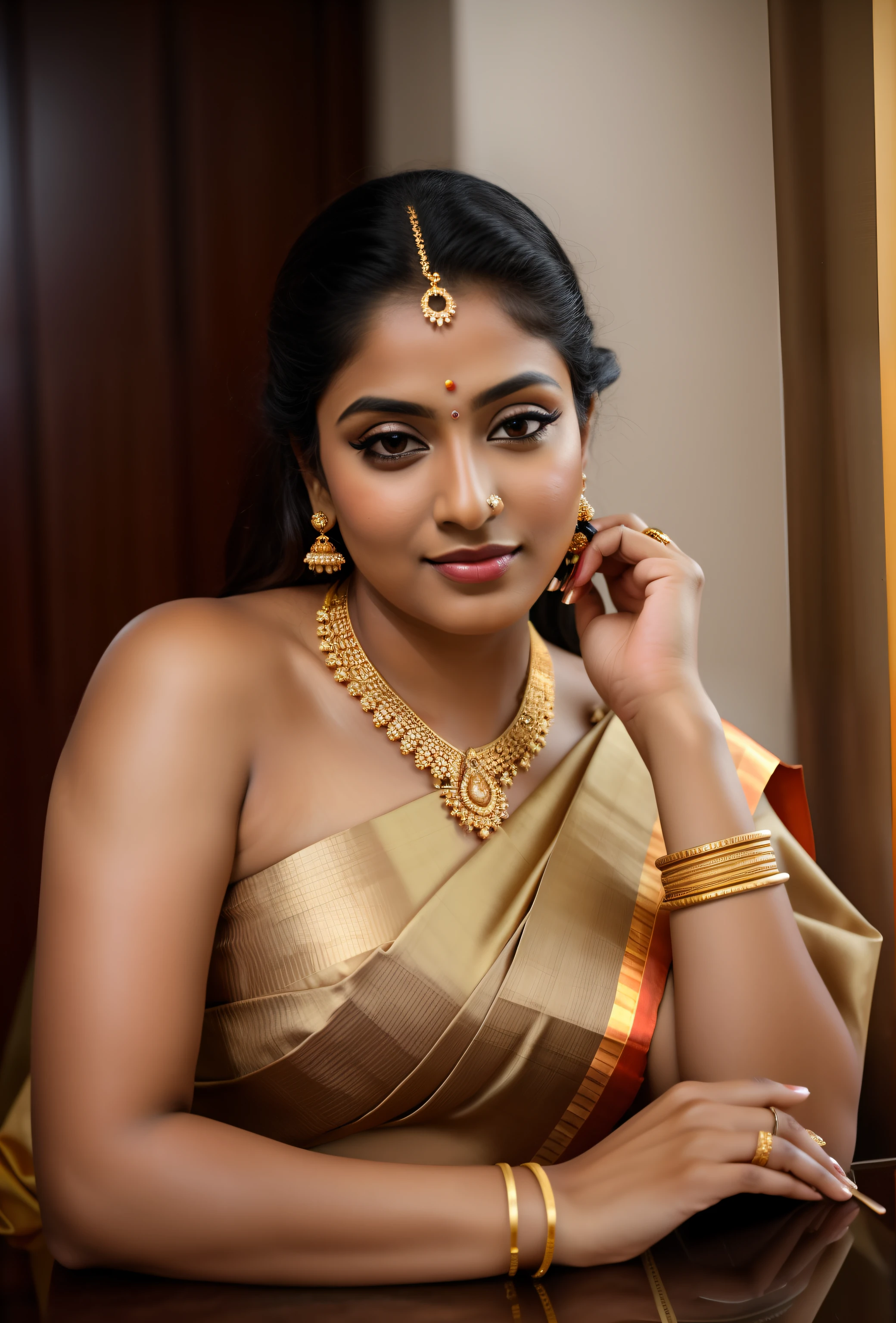 woman in a gold sari sitting at a table, traditional beauty, traditional makeup, mallu aunty, mallu Beauty, mallu actress, movie stills photography, photo taken with nikon d750, photo taken with nikon d 7 5 0, wearing gold jewellery, photo of a beautiful woman, taken with sony alpha 9, sexy girl with dark complexion, shot with sony alpha 1 camera, very attractive and beautiful