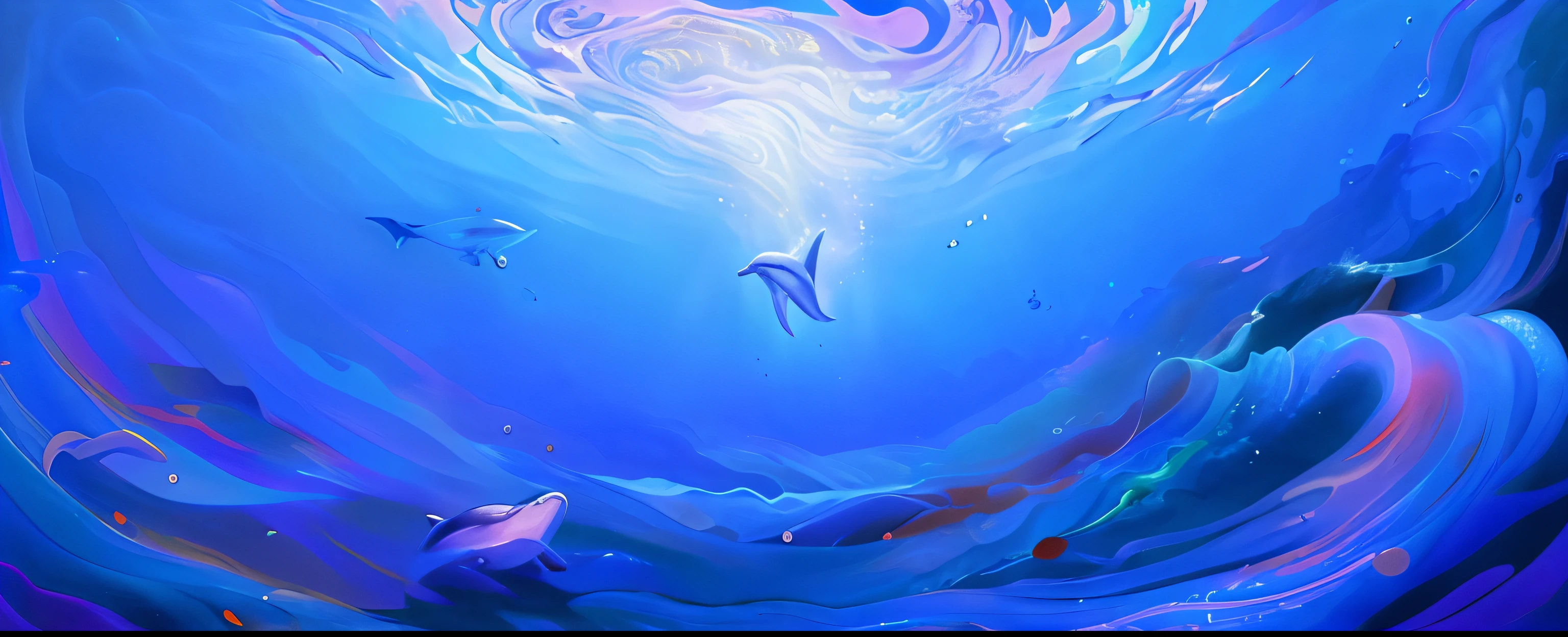 Draw a dolphin in the blue ocean，There are rainbow swirls, jen bartel, Makoto Shinkai Cyril Rolando, Inspired by Cyril Rolando, In the style of Cyril Rolando, wallpaper anime blue water, dreamlike digital painting, ethereal eel, iridescence water elemental, dreamy psychedelic anime, A beautiful artwork illustration, colorful flat surreal ethereal(((8K, RAW photo, Best quality, Masterpiece:1.4))), 超高分辨率, Ultra-detailed, illustration