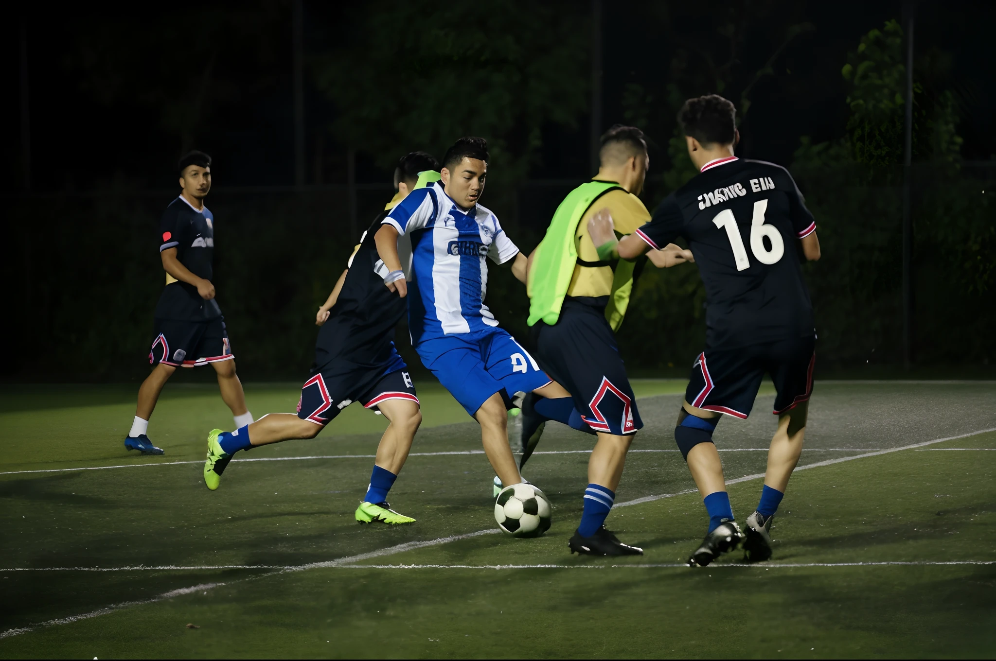 Several men play football on the pitch at night, action shot, dynamic action shot, dramatic action shot, Medium - Action, opening shot, Epic action shots, In action, Combat action shots, dribbble, mid air shot, action shot, action photo, shot with canon eoa 6 d mark ii, taken with canon eos 5 d mark iv, play soccer