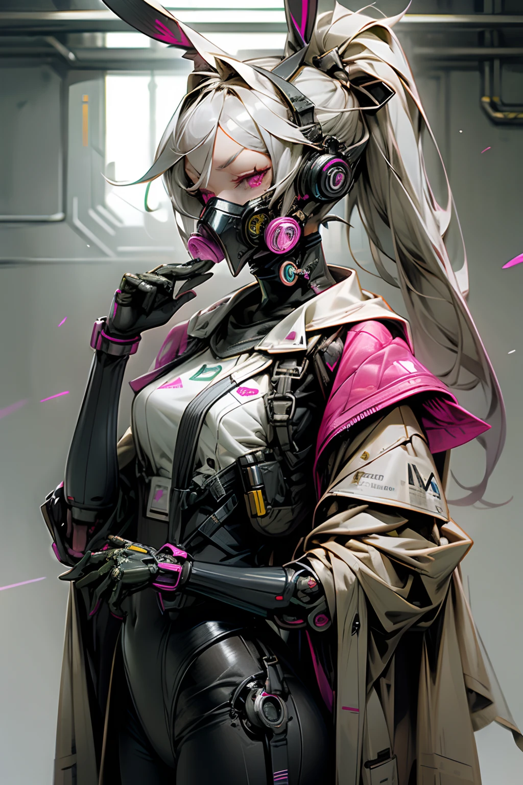Cyborg girl in cyborg style,Gray hair,Long ponytail hairstyle,Wear headphones in the shape of rabbit ears and a gas mask,The gas mask has a green light on the surface,Dressed in a white suit,There are long pink bands of light on the clothes,Pink eyes,(black glove),The left hand is a mechanical prosthesis,The main body is connected by wires and pipes,