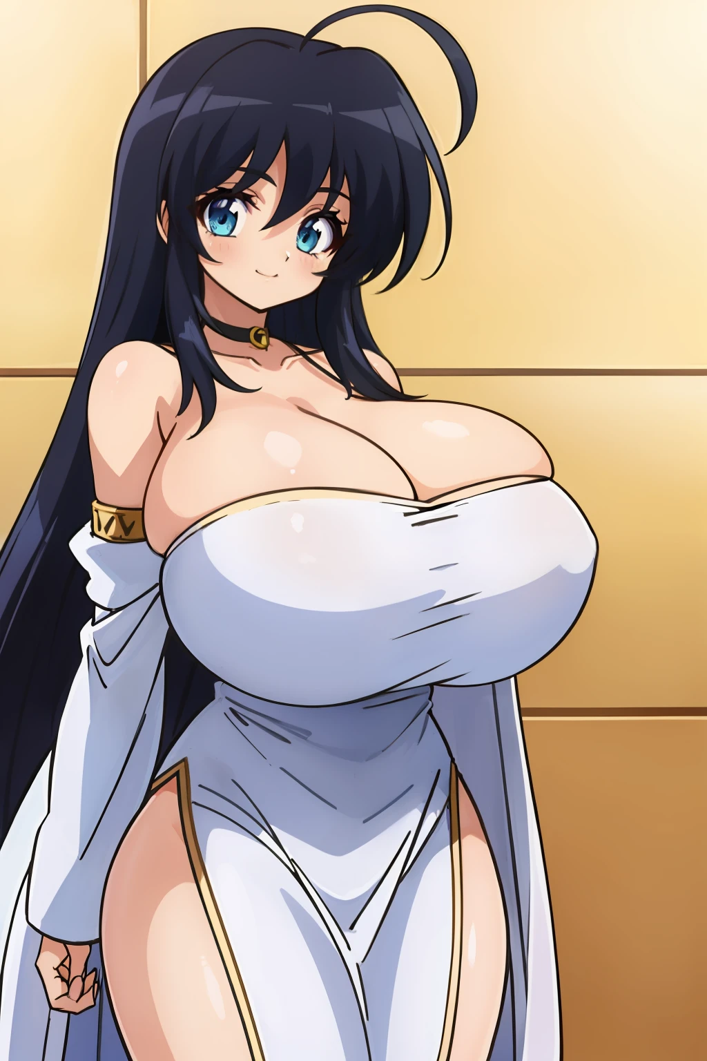 1990s \(style\),retro artstyle,1990s anime cels style, best quality, ultra-detailed, high resolution, 1gril, huge ahoge, bare_shoulders, choker, turquoise hair, detached_sleeves, white dress, neckless, strapless_dress, turquoiseeye, tareme, black hair, long hair, straw hat, big eyes, straight hair, OmaHimaStyle, OmaHimaStyle, smile, closed mouth