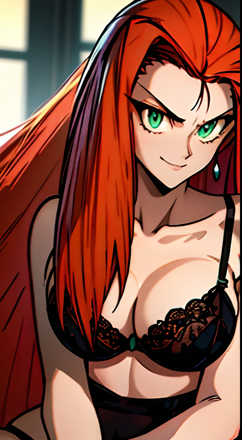 ((masterpiece)), ((best quality)), ultra detailed, detailed background, orange hair, Long Hair , green eyes, thin eyes, extreme large breast, long hair,, highest details, sexy, focus, Alluring, long legs, ((breasts shot)), (((wearing black lingerie ))), hentai style, sensual smile, erotic, erotic body, sexually suggestive, hentai body, sensual pose, naughty face, aroused body, on a beach