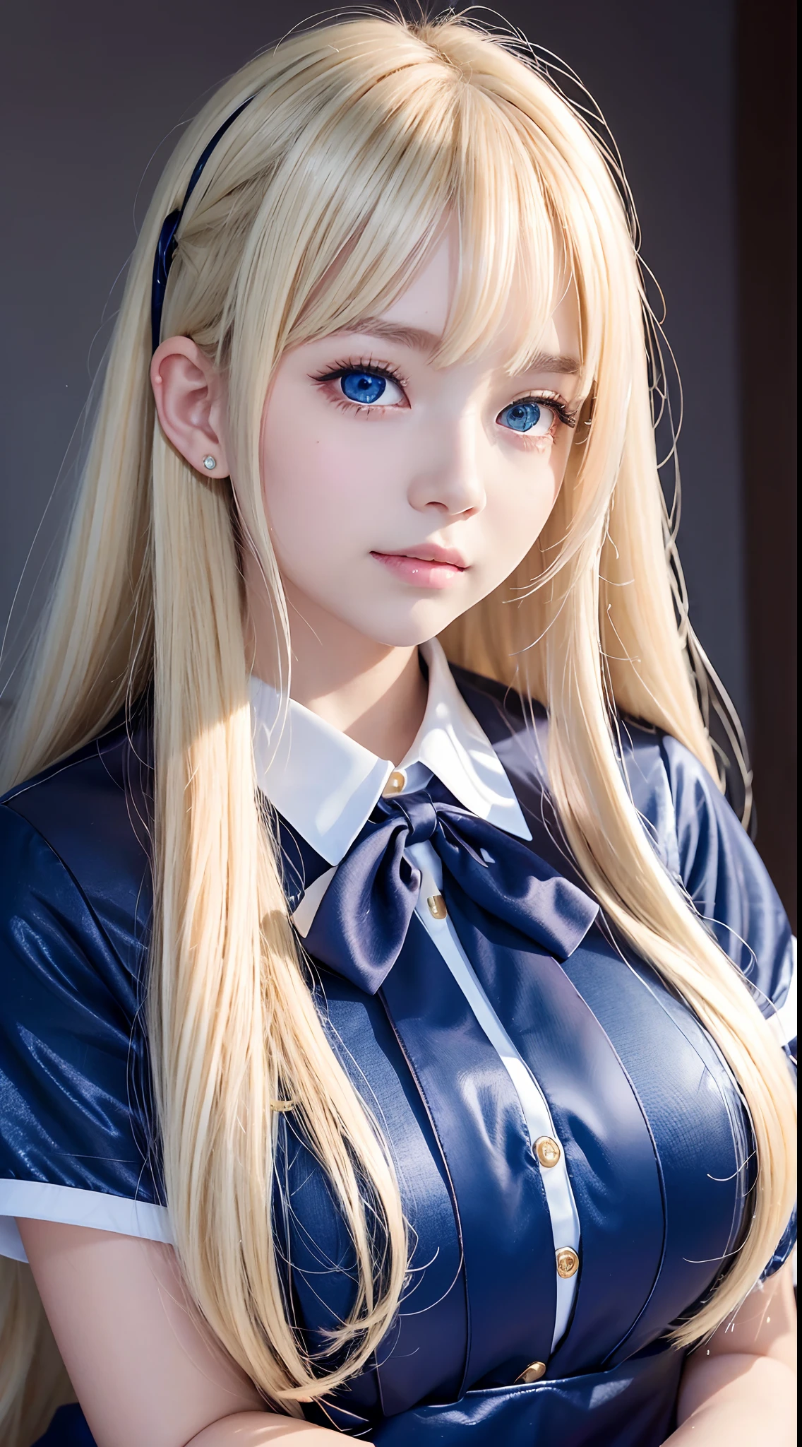 porate、School uniforms、bright expression、poneyTail、young and shiny white shiny skin、Best Looks、Gold reflects light、Platinum blonde hair，Shine brightly、Shiny light hair,、Super long silky straight hair、Beautiful bangs that shine、Big blue eyes sparkling，Like crystal clear，mesmerising、Very nice and lovely 16 year old girl、Lush bust