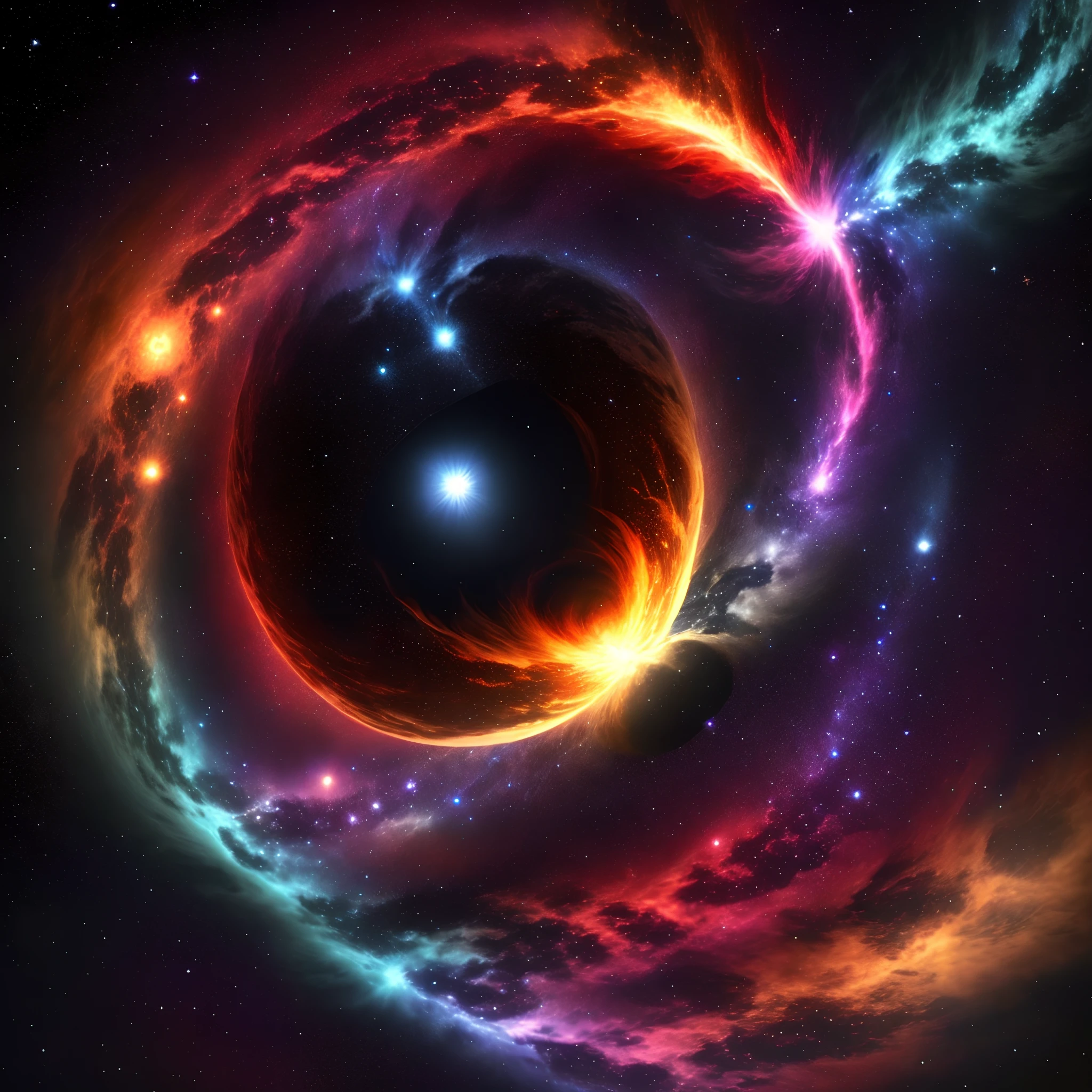 cosmic space,A river of colorful stars composed of particles,A tornado made up of stars,Black hole collision,Red-gold lightning intertwines with the world,ultra - detailed,8k wallpaper,CG,