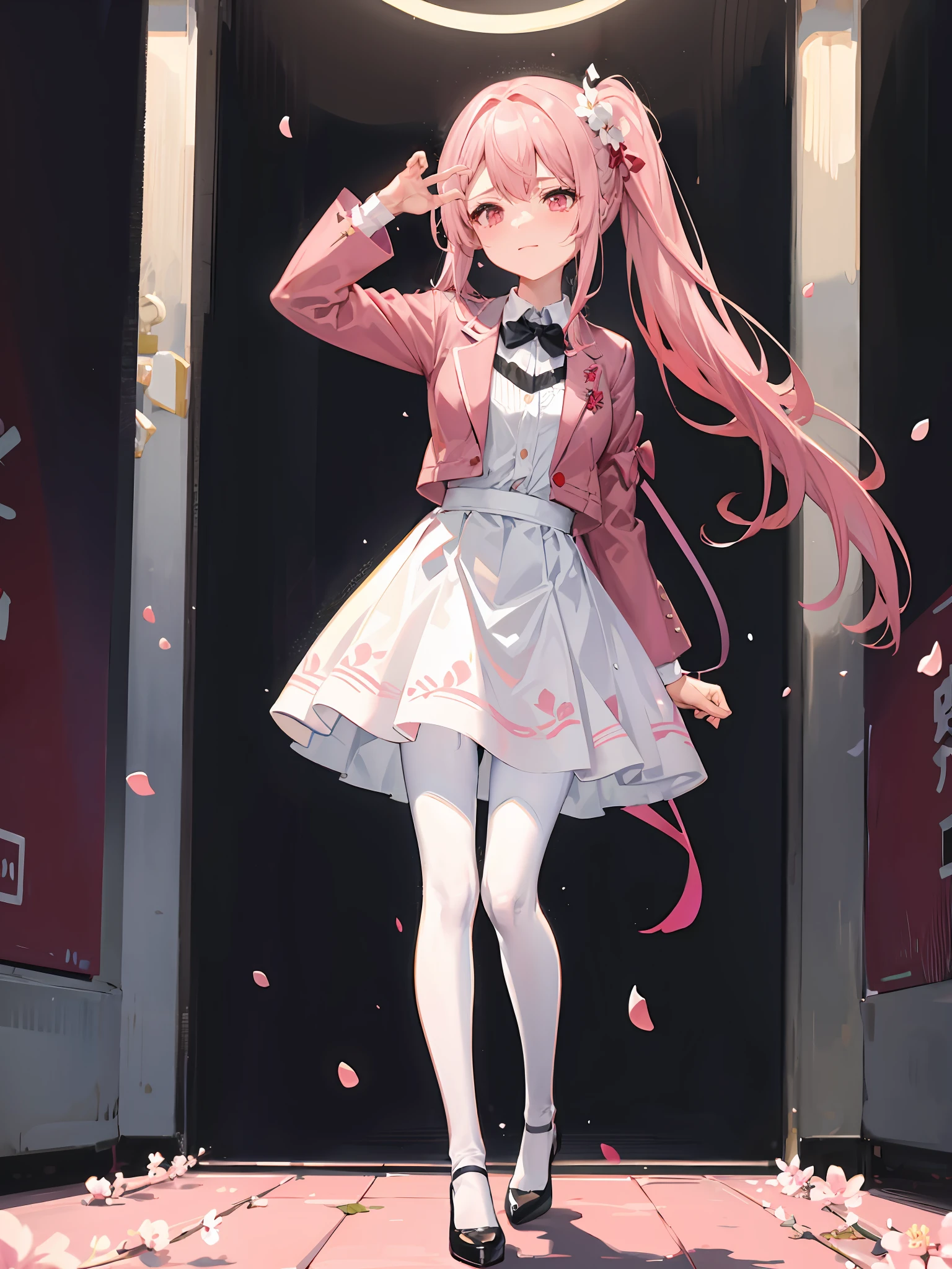 one-girl,Full body in camera,full bodyesbian,(tmasterpiece),(best qualtiy),(A pink-haired,long whitr hair:2,White flower decoration,White hairpin),(lacepantyhose,White panty hose,stocklings,Full body pantyhose),(short skirt,White pleated skirt),(panties are visible:1.5,Pink panties),(White color blouse,Black bow tie tie),(Short pink coat,cherry blossoms print),(squatt,Completely squat,Hold your cheeks with your hands,tilts your head),(cuteexpression,ssmile,Playful),(Be red in the face,putting makeup on, Blushlush),(White high heels,Pink cherry blossom decoration),(Black floor,Reflective material),SakuraNS, the night,have to pee,Pee,pissing,Pee yourself,Top lighting,16k,High- sharpness,high qulity,wide wide shot,Bright colors