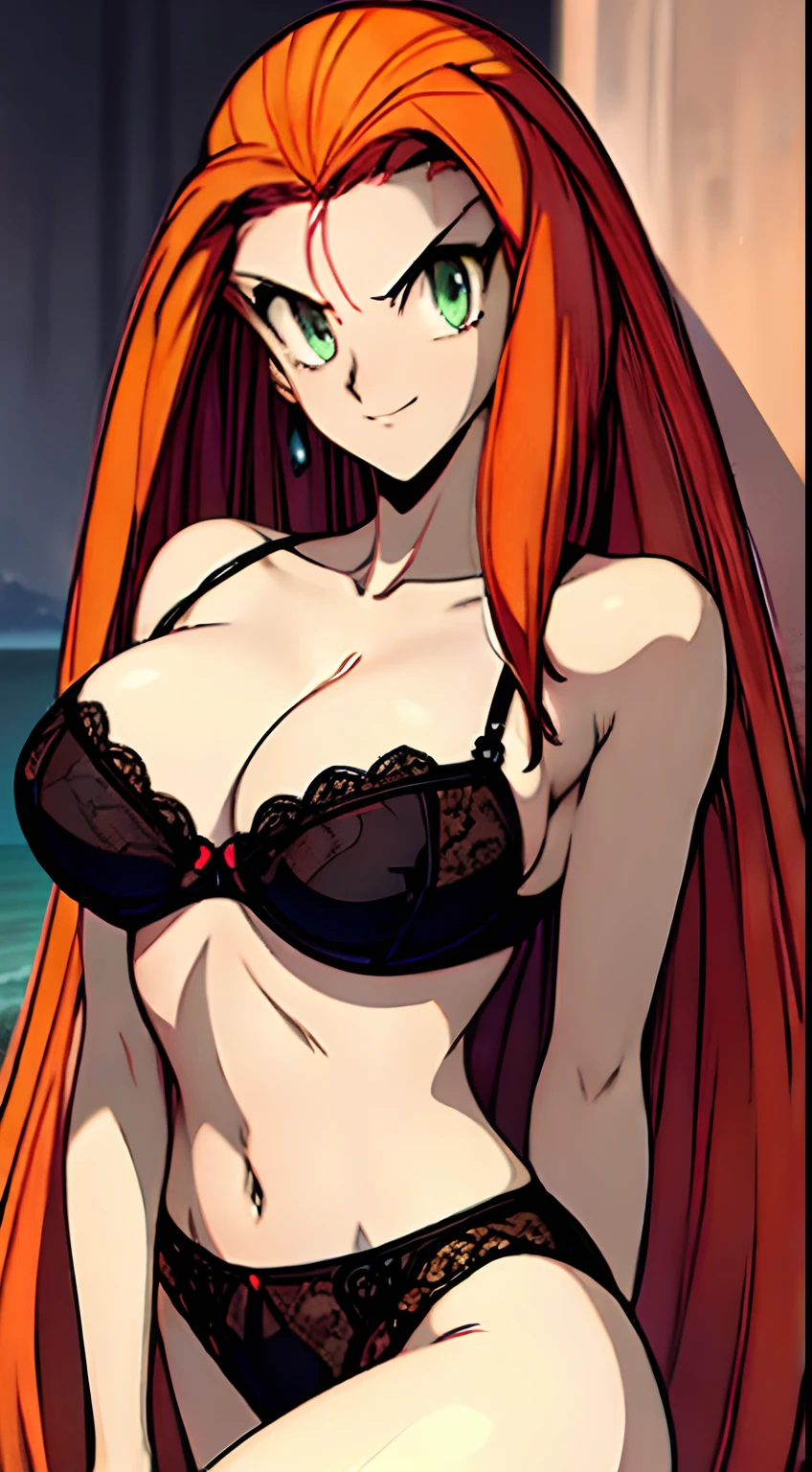 ((masterpiece)), ((best quality)), ultra detailed, detailed background, orange hair, Long Hair , green eyes, thin eyes, extreme large breast, long hair,, highest details, sexy, focus, Alluring, long legs, ((breasts shot)), (((wearing black lingerie ))), hentai style, sensual smile, erotic, erotic body, sexually suggestive, hentai body, sensual pose, naughty face, aroused body, on a beach