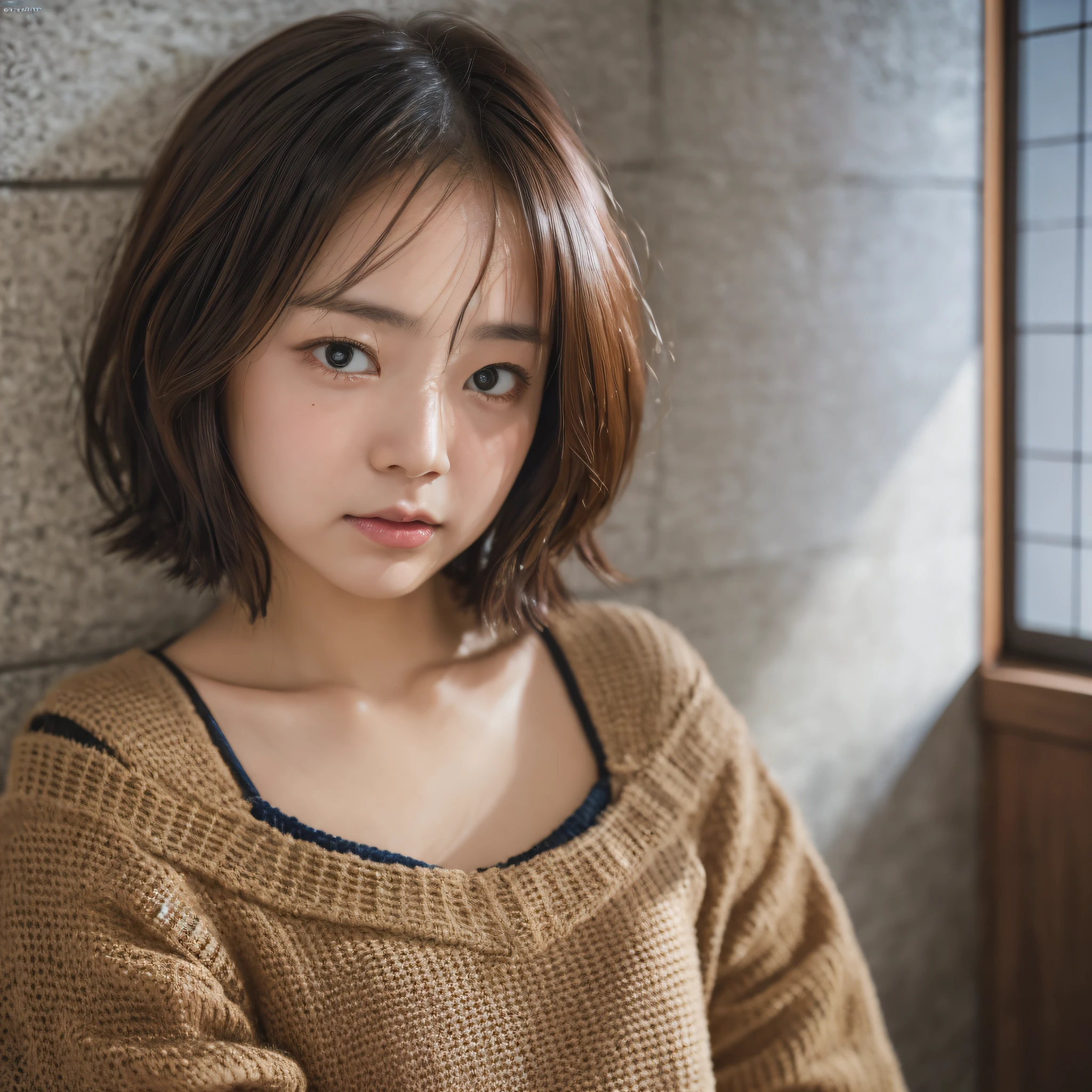 Japan girl, dark and old Japan room, sexy sweater, very short hair, full body, one girl, scared face, ((very beautiful portrait))), (radiant skin))), RAW photography, (masterpiece, highest quality, hyper detail, cinema lighting, intricate detail, high resolution, 8K, very detailed), detailed background, 8K UHD, DSLR, soft lighting High Quality, Film Grain, Fujifilm XT3, Shallow Depth of Field, Spotlight, By Wall, Cornered