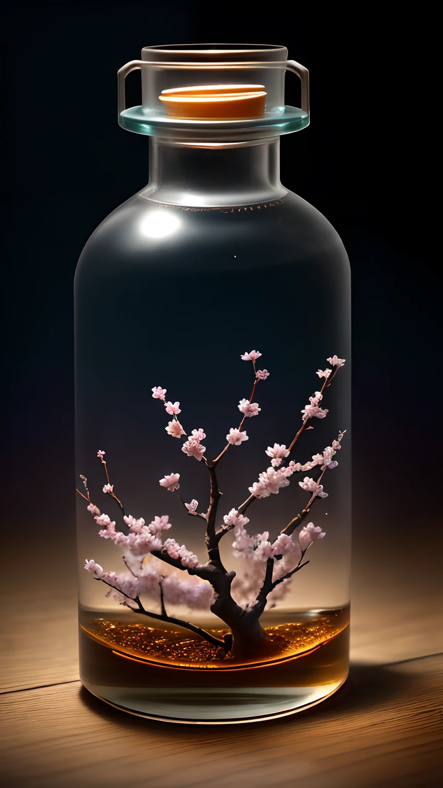 Cherry blossom tree in a bottle，Grows out of the bottle，nipple sticking out，fluffly，realisticlying，Atmospheric light refraction，Photo by Lee Jeffries，Nikon D850 Film Stock Photo 4 Kodak Portra 400 Camera F1.6 shots，rich colours，hyper realistic lifelike texture，dramatic  lighting，unreal engine trending on artstation cinestill 800，Style-Glass