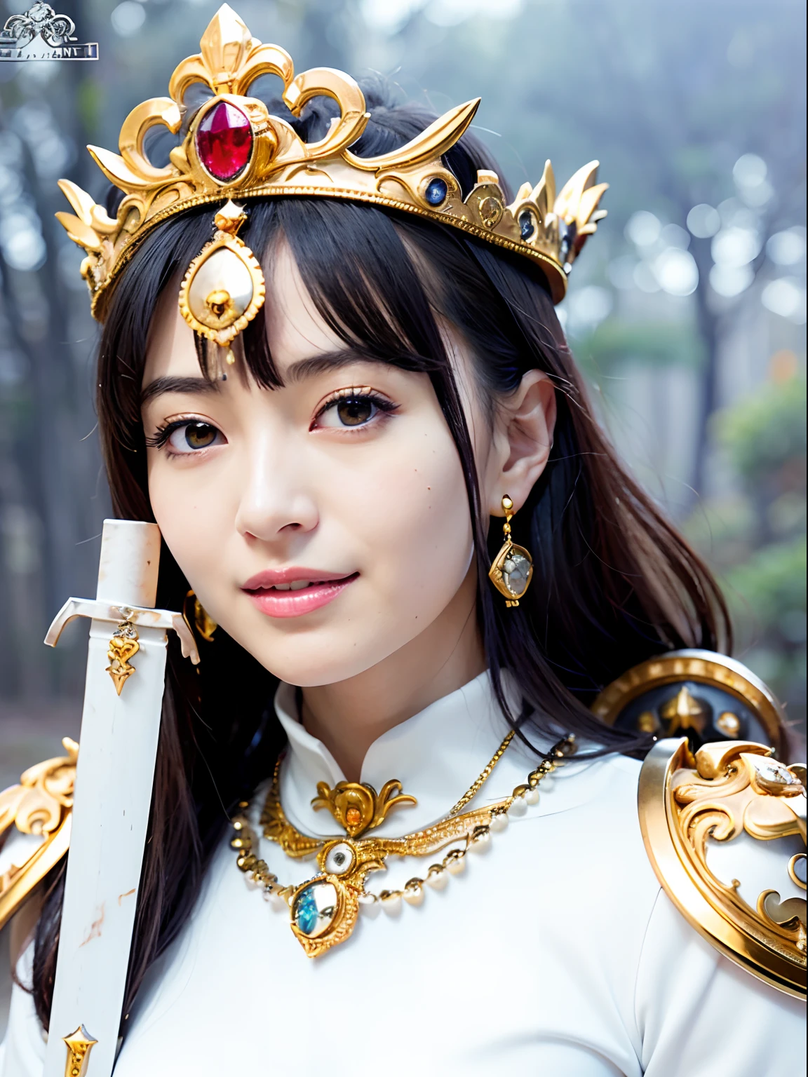 (masutepiece), Professional , masterpiece、top-quality、photos realistic , depth of fields (Gemstone Silver Metal Body:1.9),(Matte White、Jewel Gold Weapon(Jewel Metal Body:1.4),Gorgeous metal weapons , Detailed Sword of the Brave , Beautiful knife ,warhammer 40k , adepta sororitas,(Army of monsters background),Detail and ornate jewel crown、Black hair、Gangle's forest background、Beautiful Caucasian beauty、1a person、dynamic ungle,(((Detailed and ornate diamond crown)))、Smaller head、A smile、Take a sexy pose、Background inside the castle、Thin and beautiful female hands、Old ancient ruins、A smile、