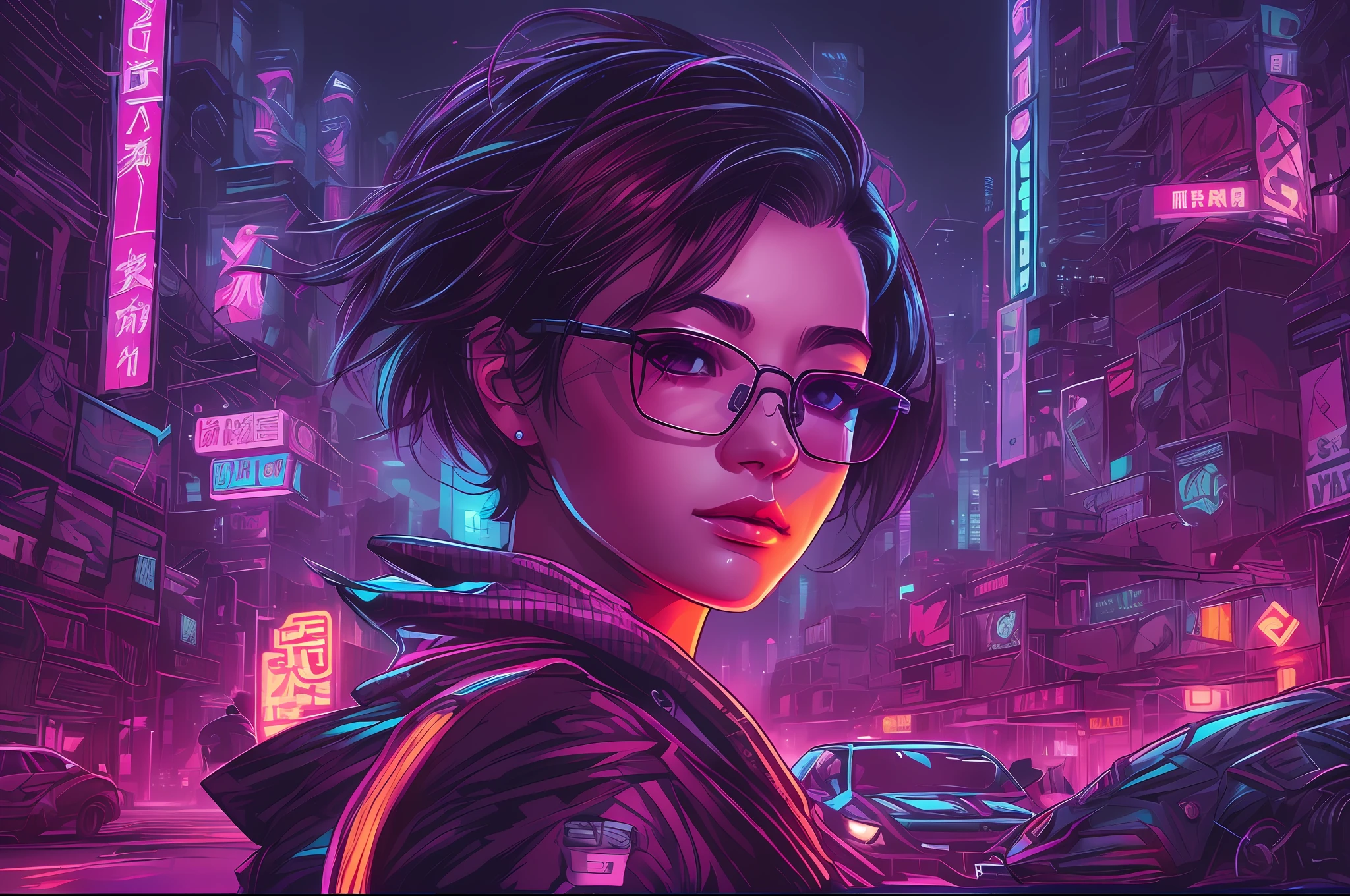 semi-realistic girl, short hair, aviator style steam pank glasses, cyberpunk style, futuristic,neon city, complex details, drawing, dark, dark, night scenery, flying cars, chinese license plates --auto --s2