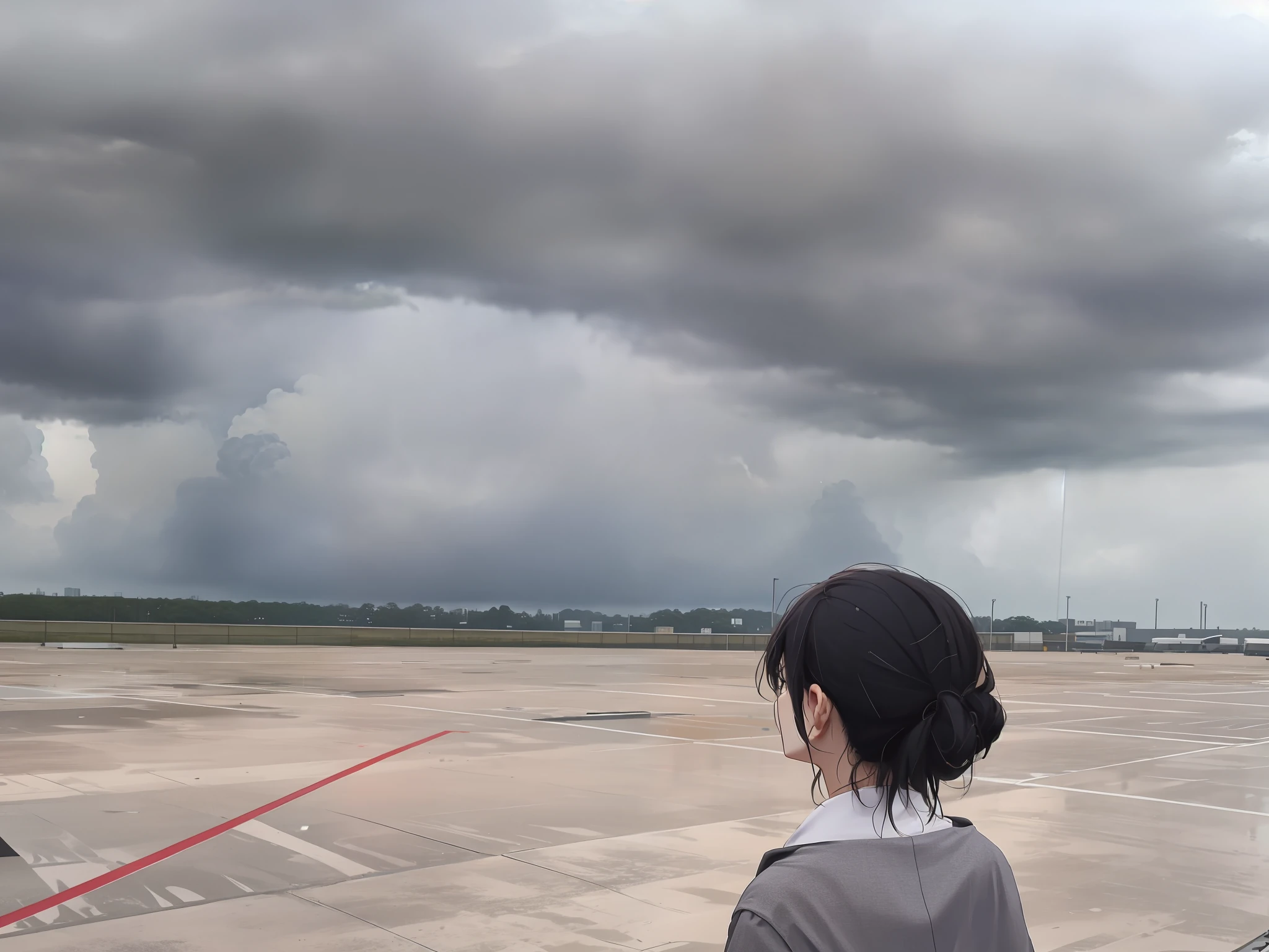 There was a woman standing on the tarmac looking at the sky, visible sky and humid atmosphere, Bad weather is coming, in the background a thunderstorm, cloudy weather, with dark clouds in the sky, it is raining heavily, heavy rain from thick clouds, with overhead cloudy!!!!! Skysky, Storm in the background, weather photography, during a thunderstorm, with ominous storm clouds