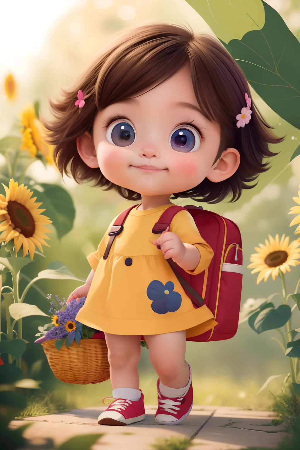 Cartoon boy with backpack and basket of flowers, Cute detailed digital art, lovely digital painting, lovely art style, adorable digital art, childrens art in artstation, cute detailed artwork, Cute cartoon character, Realistic cute baby painting, Kawaii realistic portrait, cute character, Beautiful sunflower anime boy, Cute cartoon style, cute portrait, cartoon digital painting, cute artwork