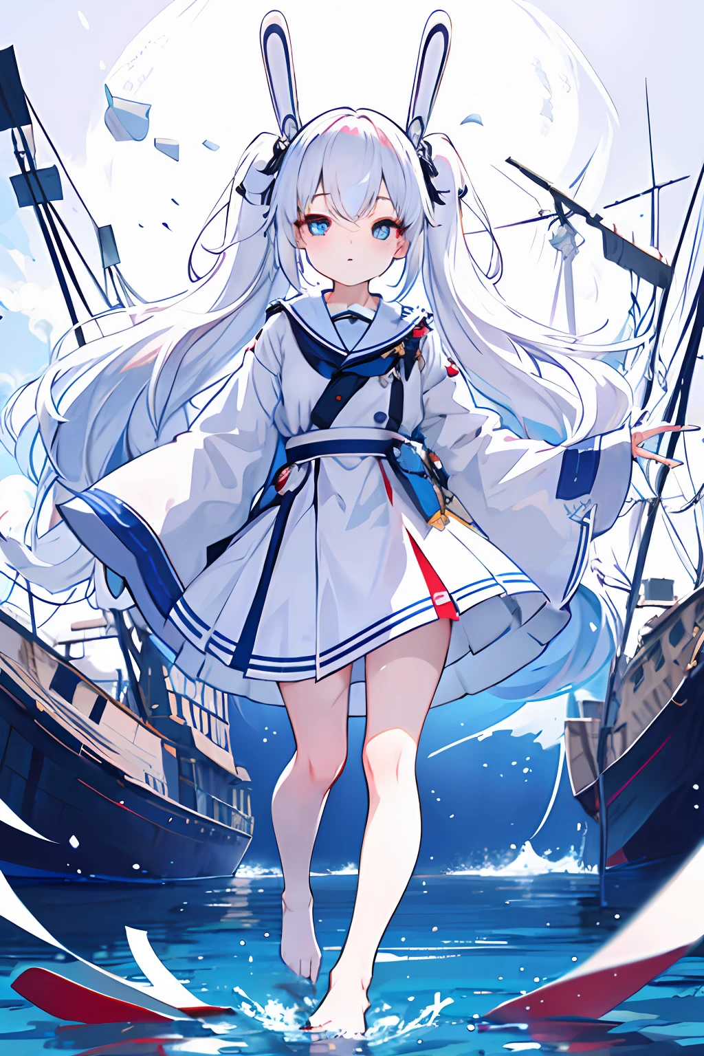 1girll，Bare legged，Light blue pupils，White colored hair，Long hair to the feet，Wearing a wide Davidian shirt，Hands drooping，Sleeves cover hands，Small stature，bit girl，adolable，Young age，Crane hair childlike appearance，Boat girl style，Blank background，Stand up