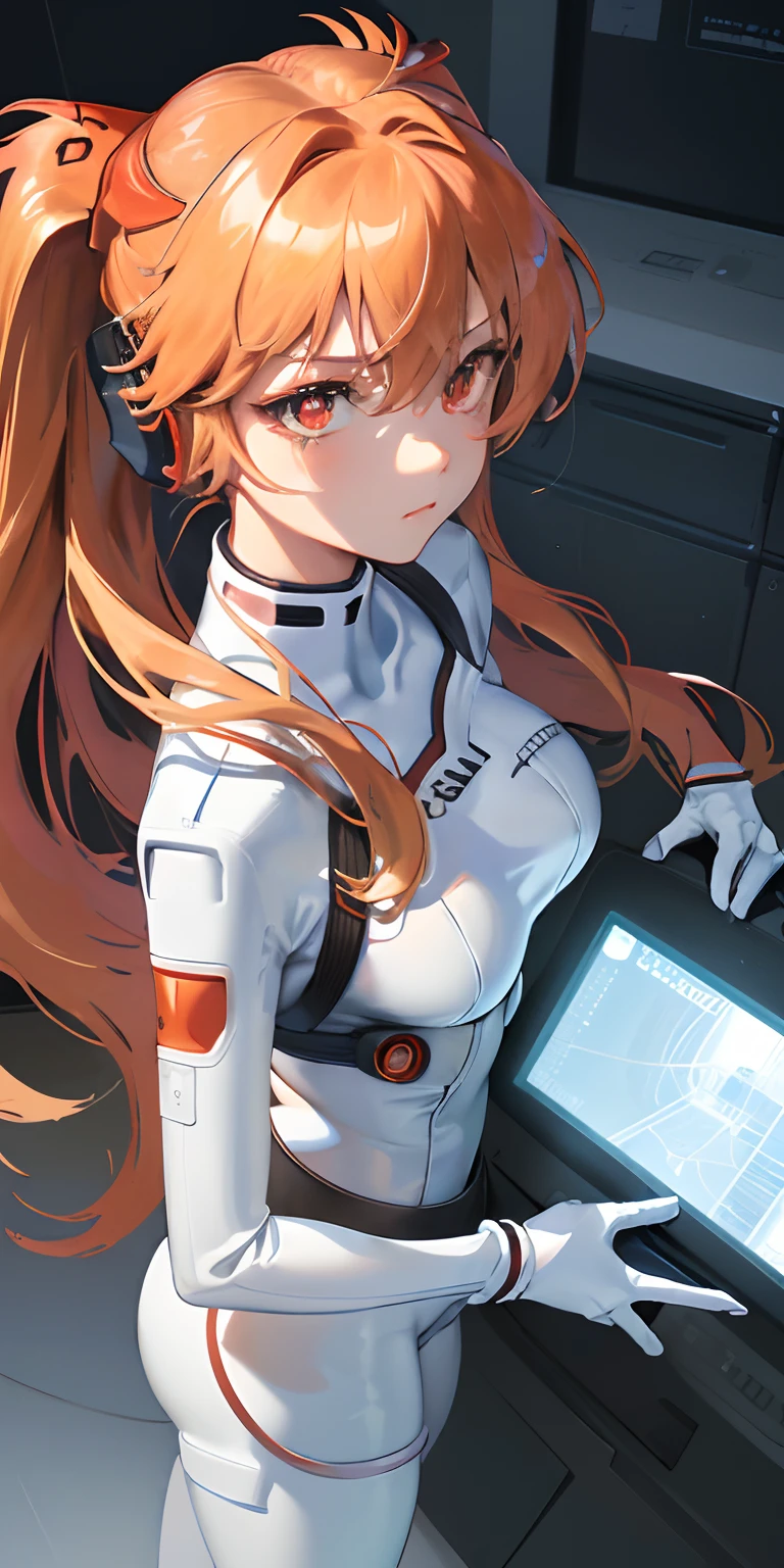 (Overhead view),dynamic angle,ultra-detailed, illustration, close-up, straight on, 1girl, 
 ((souryuu asuka langley, interface headset, red bodysuit:1.4, blonde)),Her eyes shone like dreamy stars,(glowing eyes:1.233),(beautiful and detailed eyes:1.1),(expressionless,closed mouth),(standing), 
(mechanic room with toolsand spaceship windowin a white SPACESHIP),
(night:1.2),dreamy, [[delicate fingers and hands:0.55]::0.85],(detail fingers),