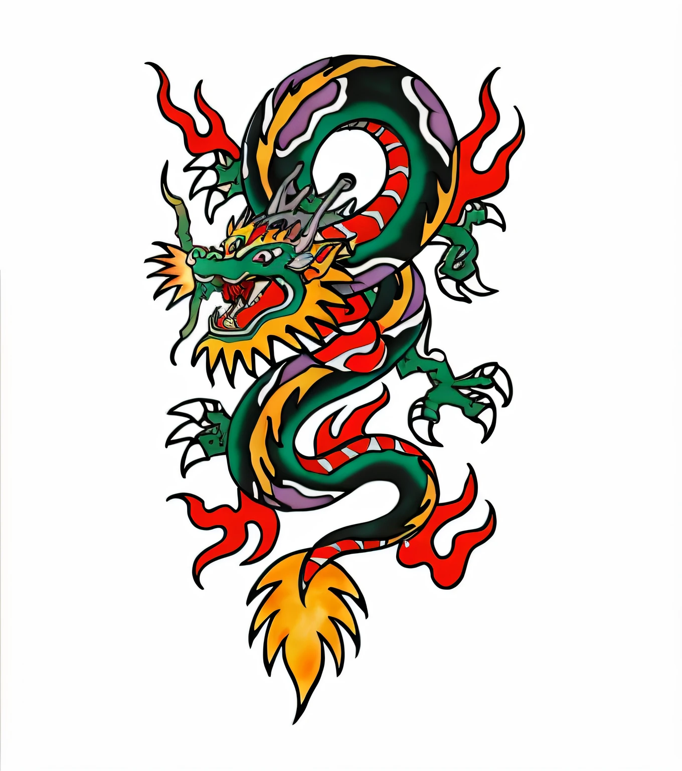A closeup of a dragon with a red and green tail, chinesedragon, smooth chinese dragon, tatuagens orientais, majestic japanese dragon, dragon design language, A dragon, tattoo graphics, fire flaming dragon serpent, art of dragon, design de tatuagem, ''dragon breathing fire, Phoenix Dragon, colorful illustration for tattoo, Chinese dragon concept art, flash de tatuagem, Dragoned, dragon with scars