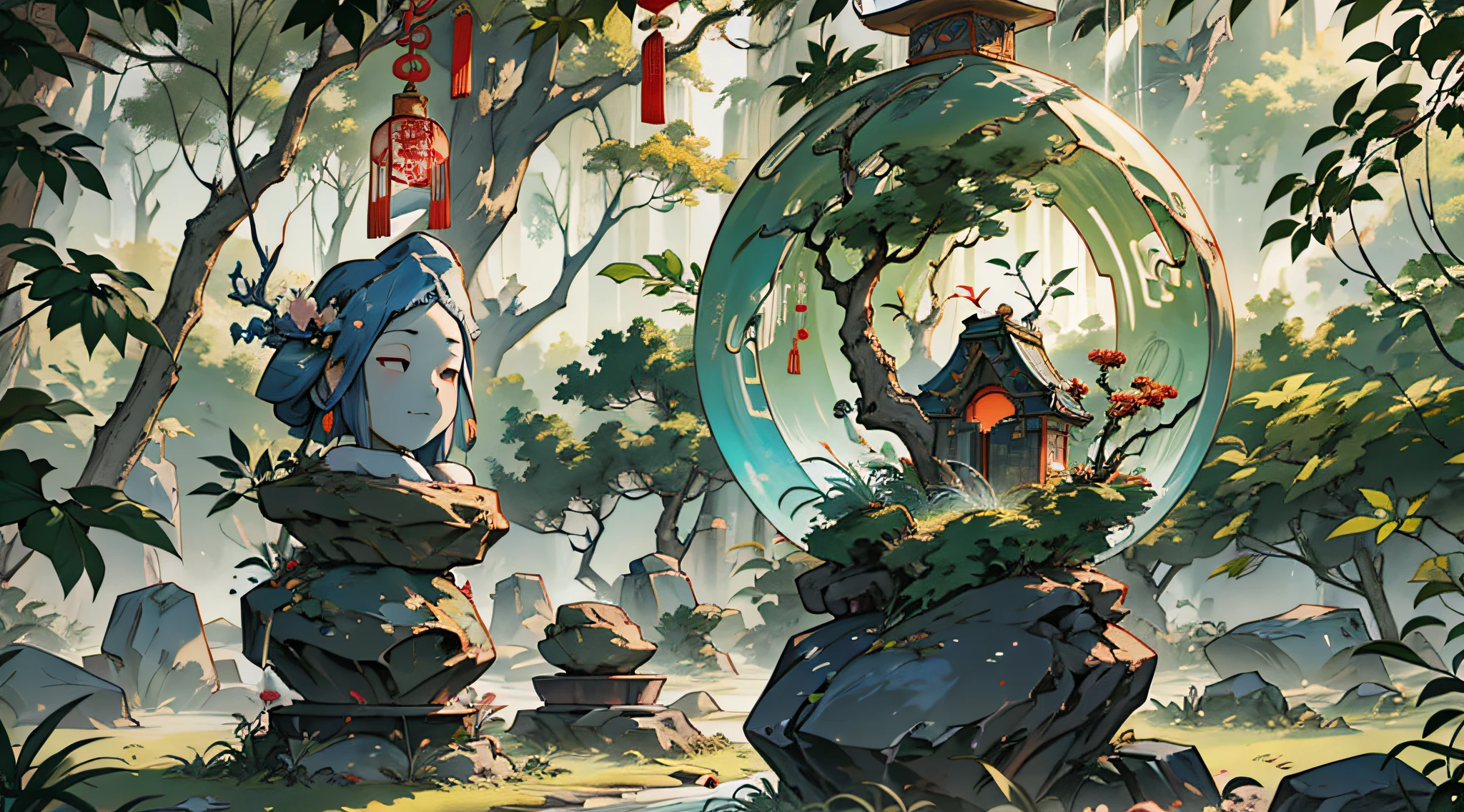 Ancient Chinese style,Nice composition,Ultimate detail,Spirit stones suspended in the air,Beautiful texture,Immortal shape,Mysterious stone ,A sacred stone that is enshrined.Colorful,The ultimate wonderland is ethereal,Full of fairy,Combined with natural landscapes。