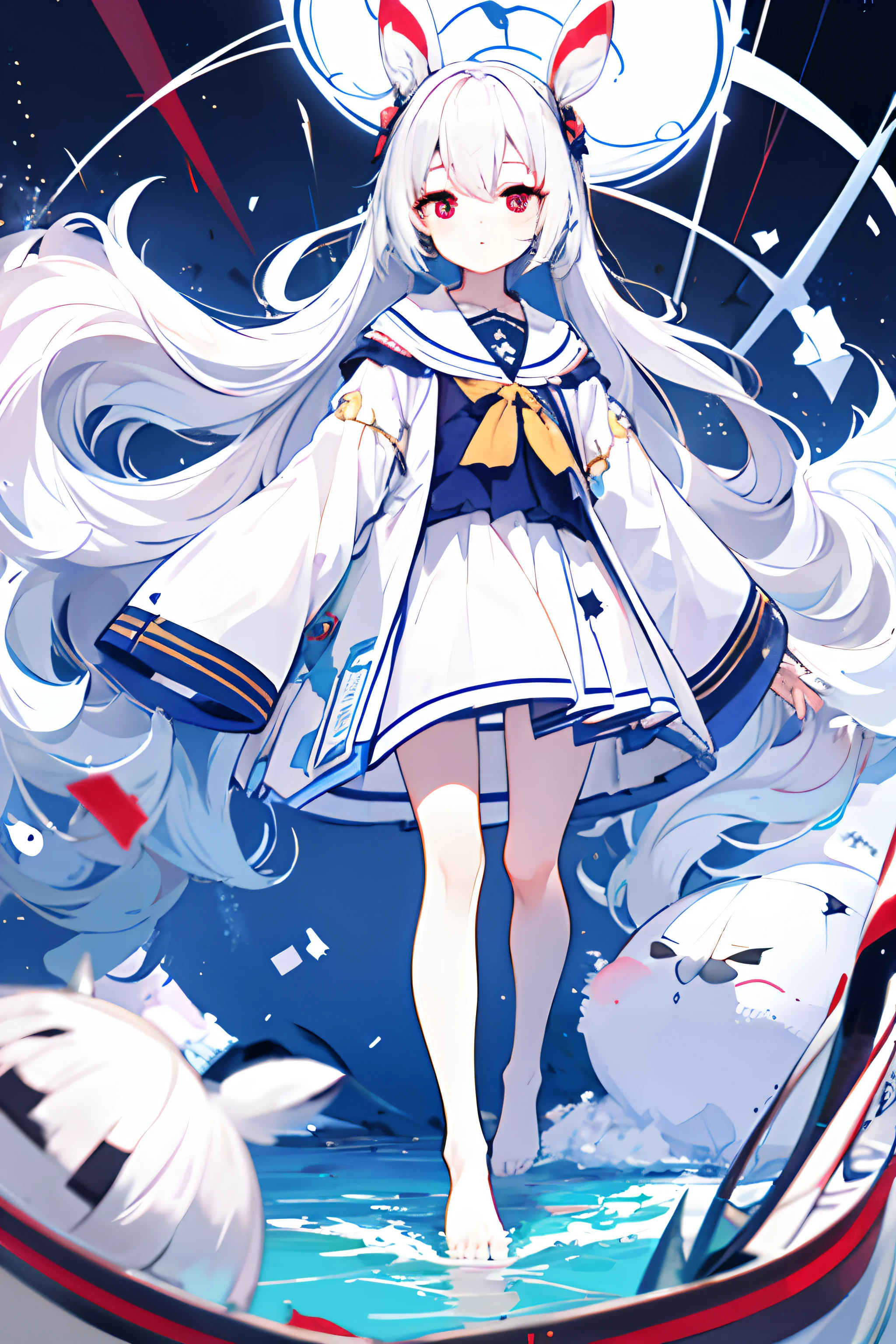 1girll，Bare legged，Light blue pupils，White colored hair，Long hair to the feet，Wearing a wide Davidian shirt，Hands drooping，Sleeves cover hands，Small stature，bit girl，adolable，Young age，Crane hair childlike appearance，Boat girl style，Blank background，Stand up