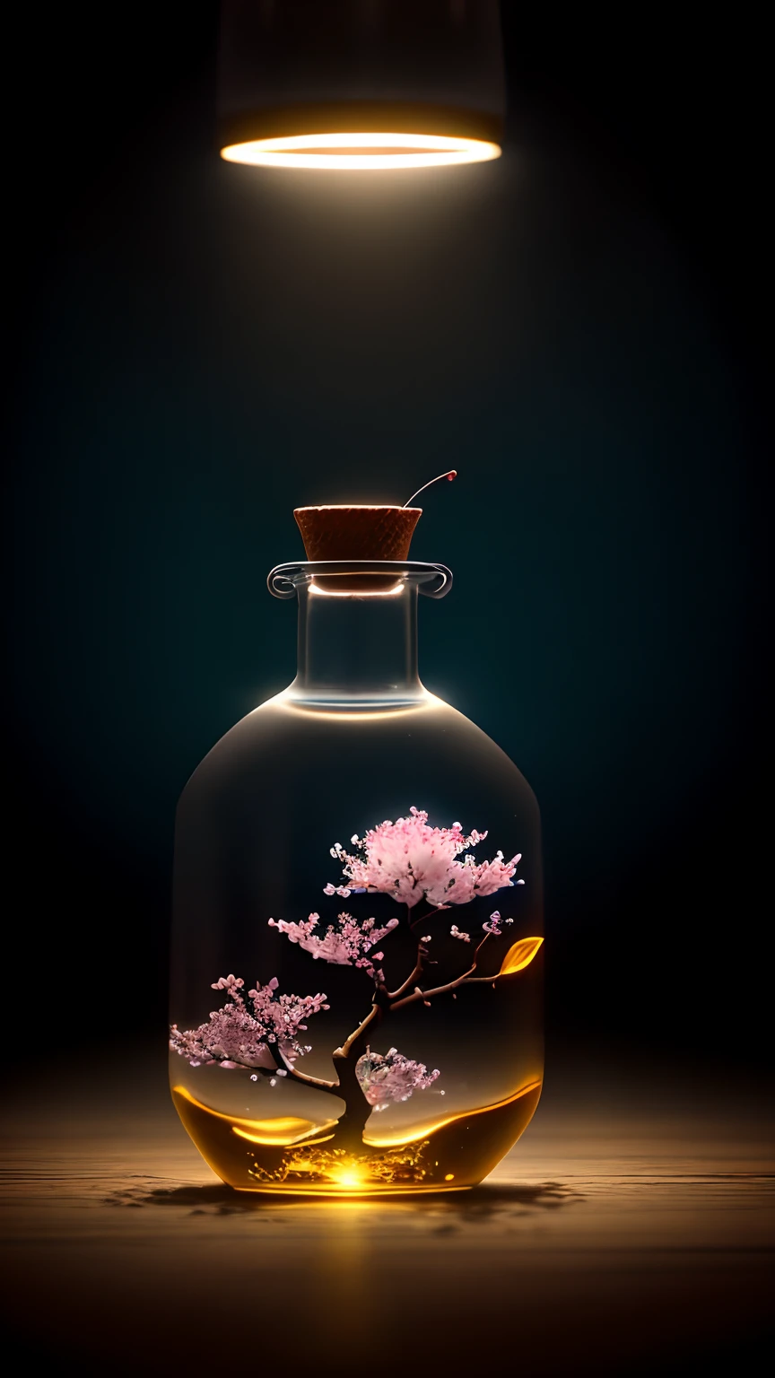 Cherry blossom tree in a bottle,Grows out of the bottle,nipple sticking out,fluffly,realisticlying,Atmospheric light refraction,Photo by Lee Jeffries,Nikon D850 Film Stock Photo 4 Kodak Portra 400 Camera F1.6 shots,rich colours,hyper realistic lifelike texture,dramatic lighting,unreal engine trending on artstation cinestill 800,Style-Glass