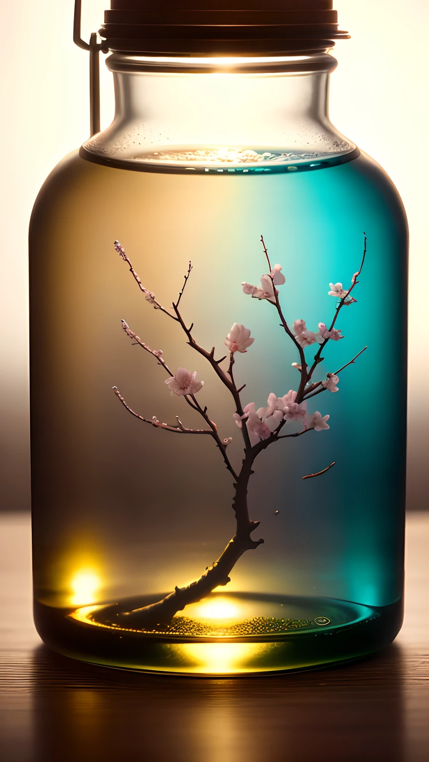 Cherry blossom tree in a bottle，Grows out of the bottle，nipple sticking out，fluffly，realisticlying，Atmospheric light refraction，Photo by Lee Jeffries，Nikon D850 Film Stock Photo 4 Kodak Portra 400 Camera F1.6 shots，rich colours，hyper realistic lifelike texture，dramatic  lighting，unreal engine trending on artstation cinestill 800，Style-Glass