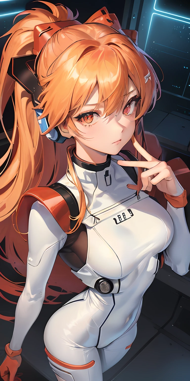 intricated details, gorgeous 25 year old woman, ponytails, pink hair, wearing a space dress white and orange, serious looking but somewhat cute, looking at the viewer, in a space station, close up, anime style, digital art, 8k