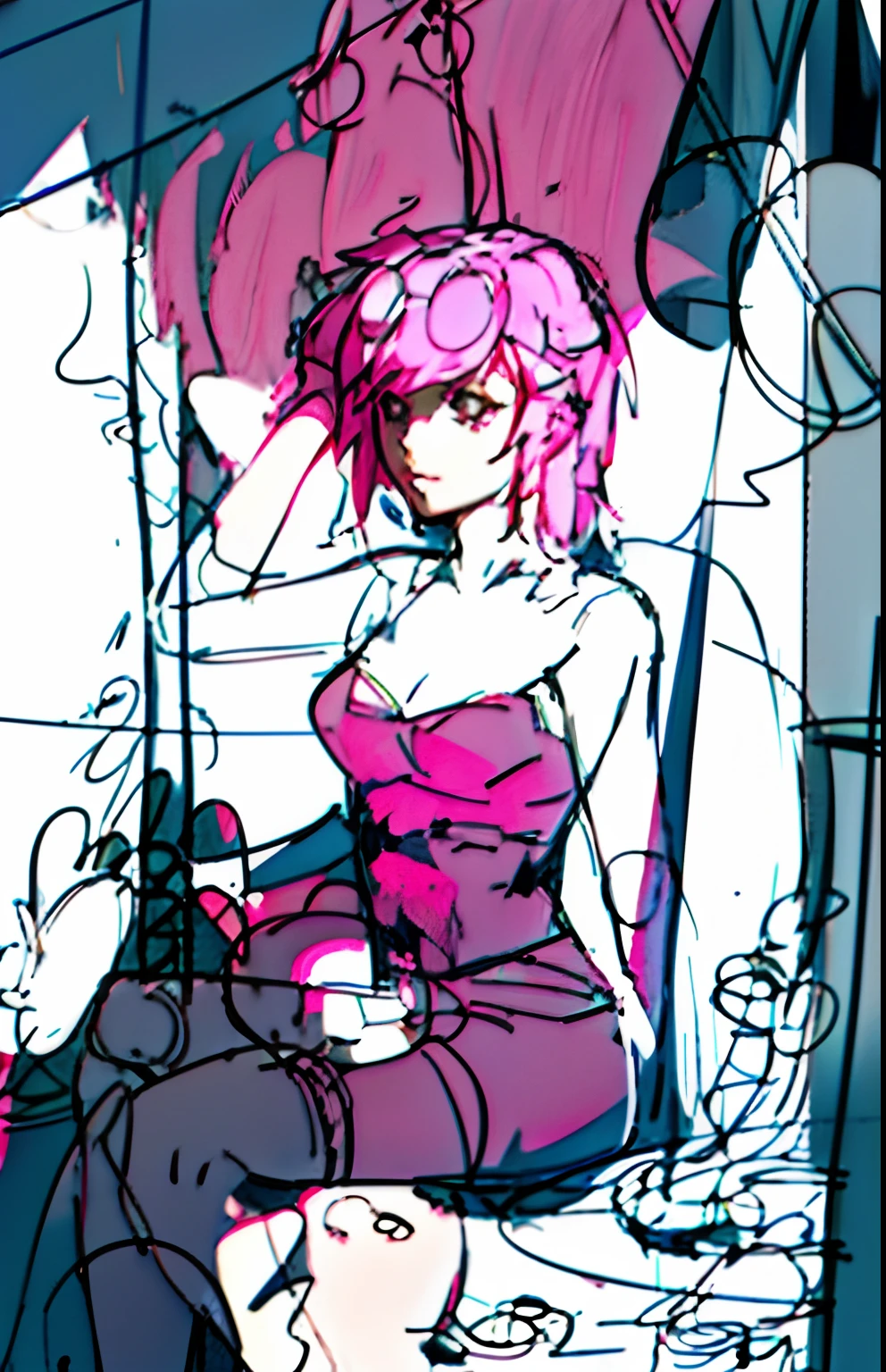 a drawing，A woman with pink hair sits in a chair by the sea, Rough sketch, concept piece, detailed but rough, anime sketch, girl sketch, old sketch, sketchy artstyle, contours, wip, clean anime outlines, rough abstract sketch, matte sketch, concept art sketch, Line sketch, Stylized proportions, concept sketches