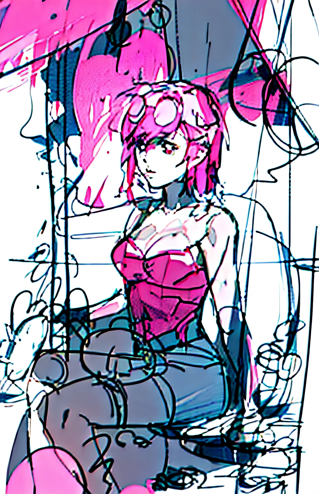 a drawing,A woman with pink hair sits in a chair by the sea, Rough sketch, concept piece, detailed but rough, anime sketch, girl sketch, old sketch, sketchy artstyle, contours, wip, clean anime outlines, rough abstract sketch, matte sketch, concept art sketch, Line sketch, Stylized proportions, concept sketches