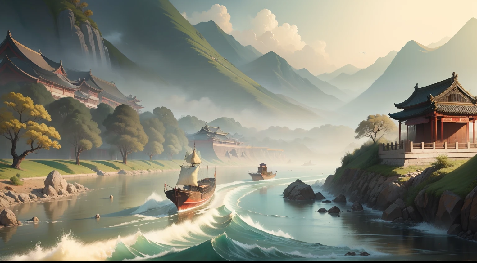 Chinese-style painting, You don't see the waters of the Yellow River coming up from the sky, Rush to the sea and never return。, Classicism