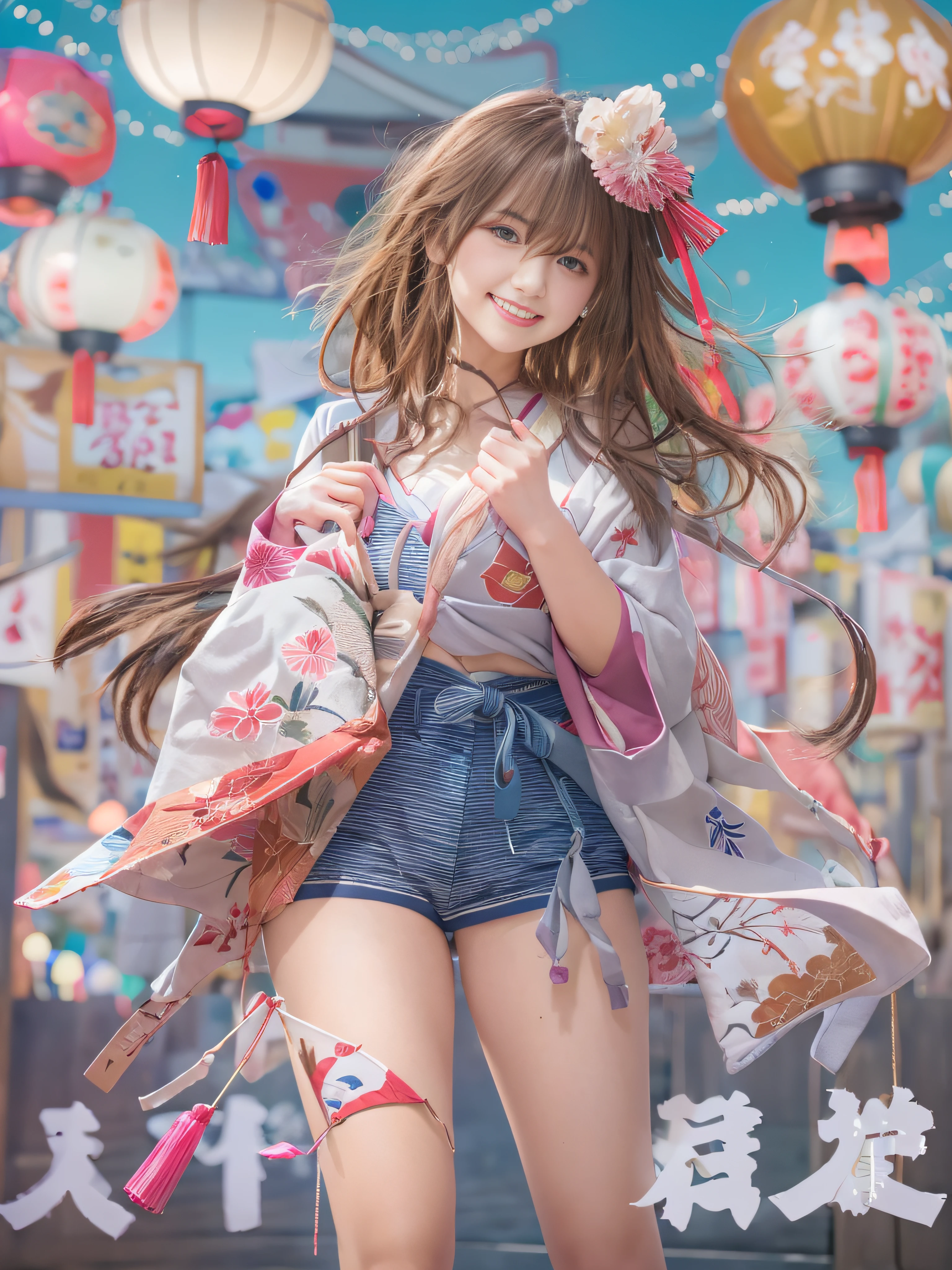top-quality、masterpiece、超A high resolution、(Photorealsitic:1.4)、Raw photo、Detailed CG image quality、(Fireworks Festival:1.4)、Beautiful fece、1girl in、japanes、27yo、(blue eyess:1.2)、pink lipsticks、laugh face、(Brown hair:1.4)、skin tanned、(Blue Matsuri Happi:1.4)、(Low-rise shorts:1.2)、Large bust、cleavage of the breast、detailed portrait、8K picture quality、concept-art、Cinematic and dramatic atmosphere、(Shrine of Japan:1.2)、(Japan red and white lanterns:1.2)、Wind chimes、(Festival flag,)、Paper decoration、foco nítido、Volumetric lighting、Cinematographic lighting、Colorful neon lighting、depth of fields、Ambient lighting、Blurred foreground、blurry backround:1.3、portlate