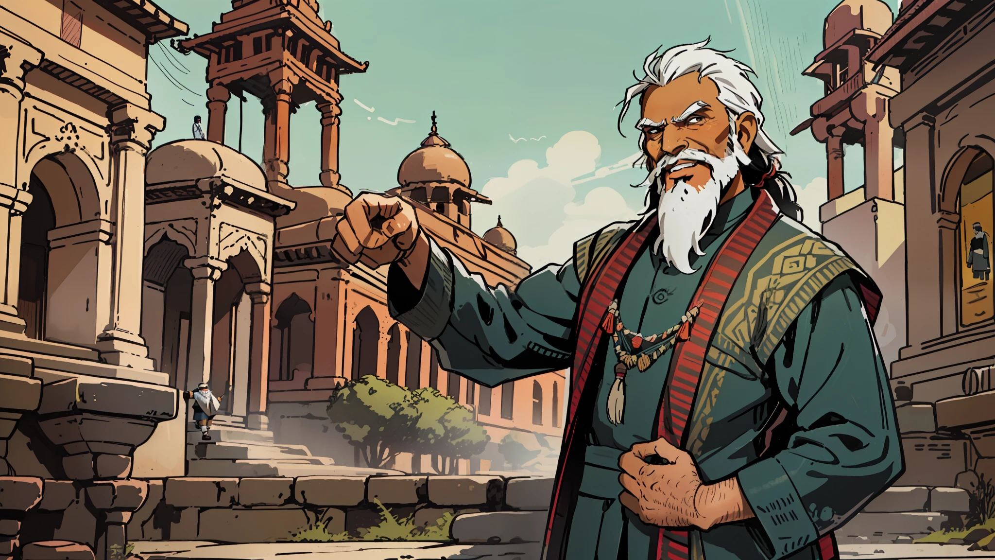 Three sided view, Indian 50 years old man with long black Beard and hair standing beside a hourse with an very excited face while pointing with his hand, Indian buildings in the background, In ancient times