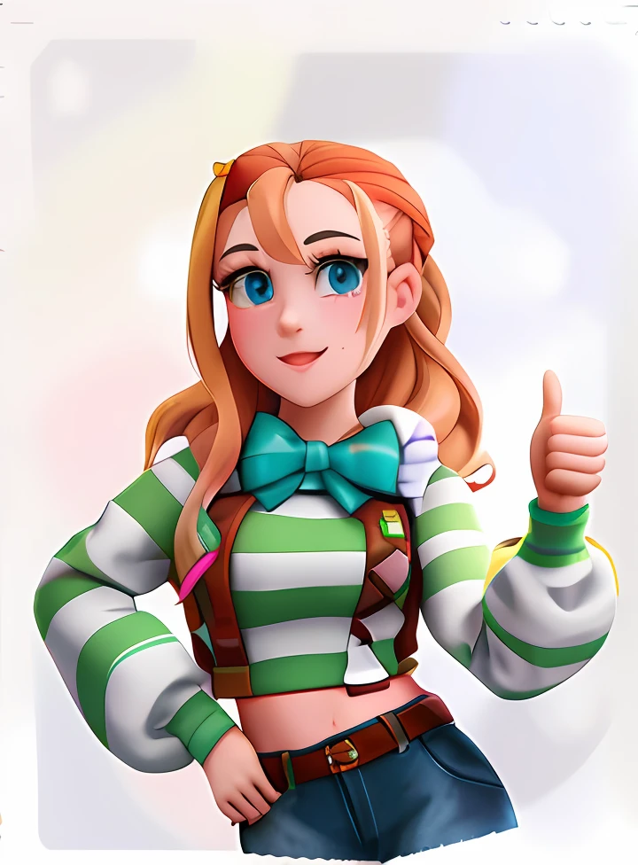 Cartoon girl thumbs up with bow tie and striped shirt, Abigail from Stardew Valley, anime styled 3d, realistic art style, Cartoon Art Style, clean artstyle, 🤤 girl portrait, epic art style, Casual pose, cute character, official character art, commission for high resolution, lovely art style, decora inspired, fortnite art style, oc commission