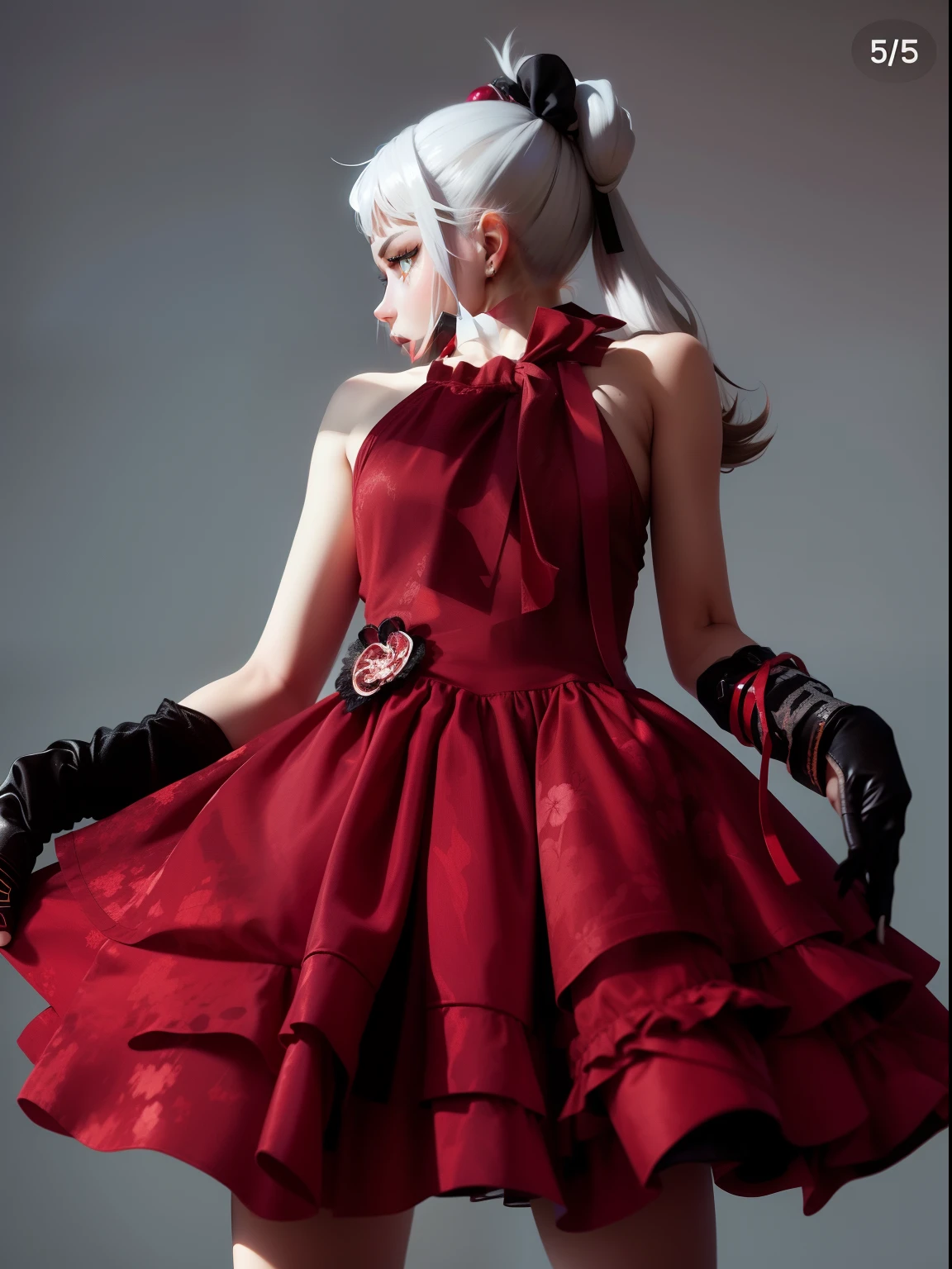 Front, white hair, yellow eyes, double ponytail