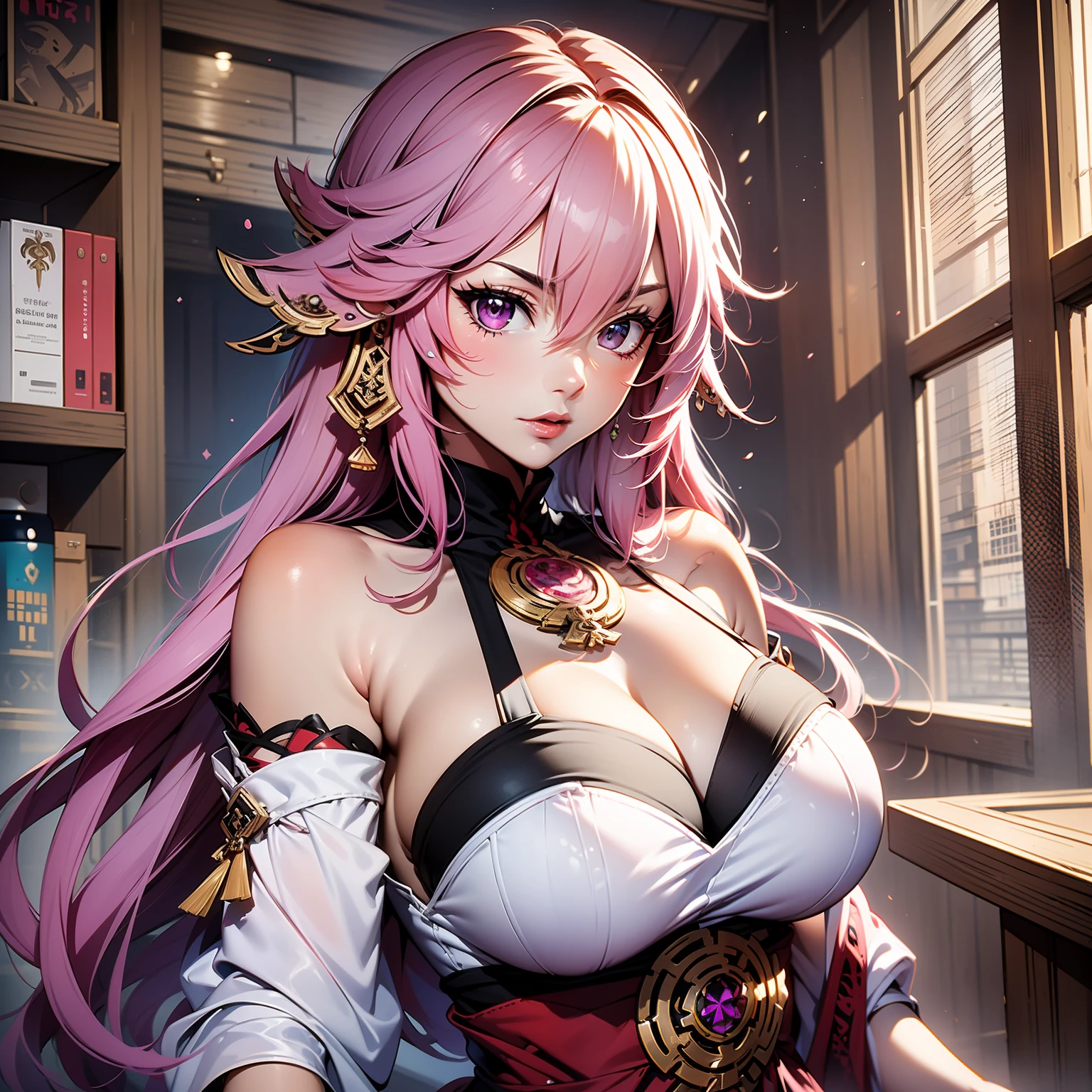 (masterpiece, top quality, best quality, official art, beautiful and aesthetic:1.2), big breasts, pink hair, smug (1girl), best detailed,highest detailed,Yae Miko