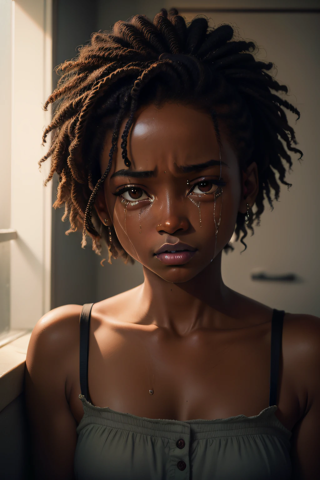 film grain, photographed with a Sony a9 II Mirrorless Camera, analog style, beautiful, masterpiece, best quality, aamari, a black woman with a cell phone, crying is looking at the camera after discovered she was betrayed, very dark skin, extremely detailed face, bust shot, perfect lighting