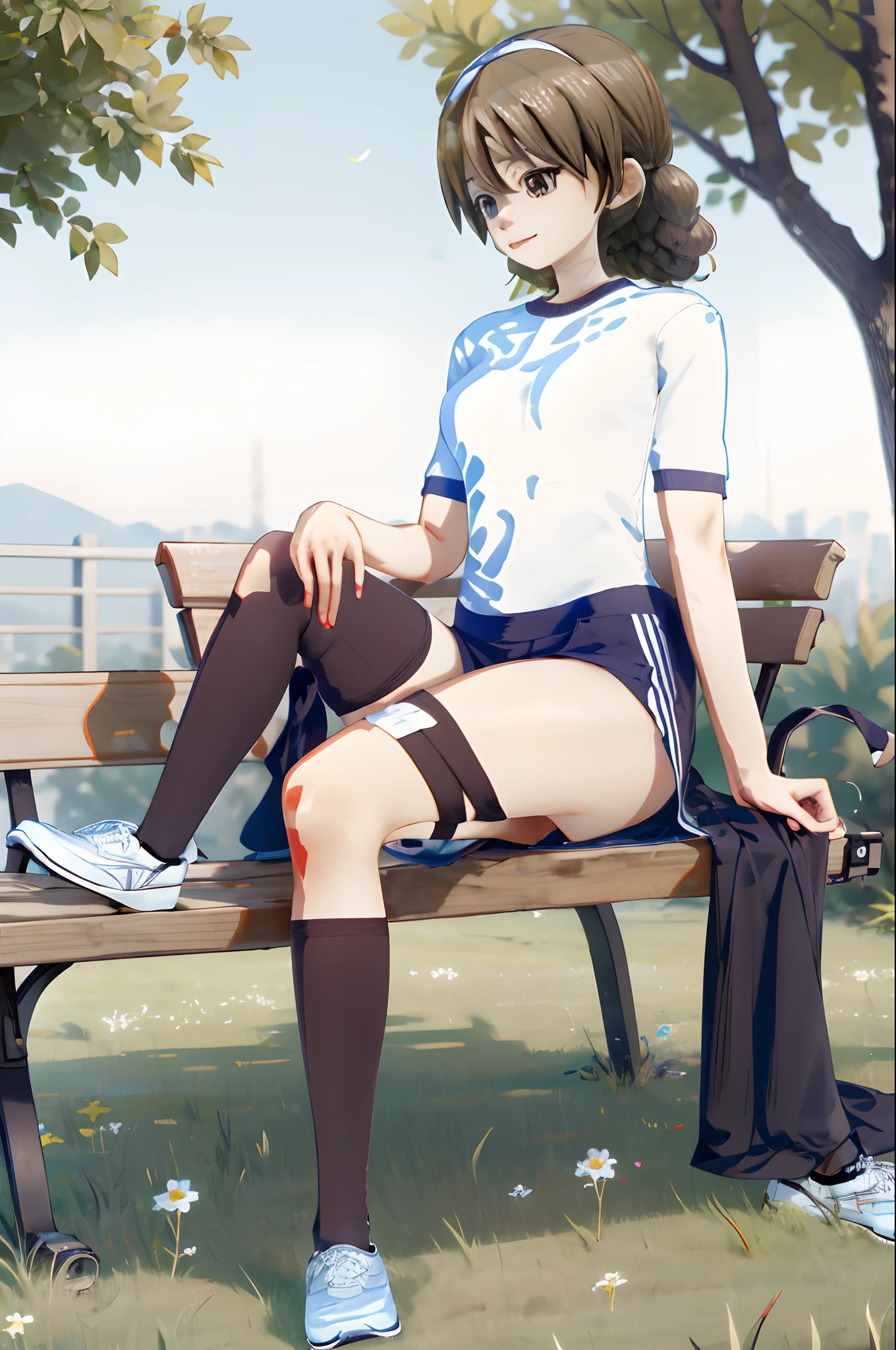 1girll， 独奏， female pervert， （mayoi_hachikuji） flat_chest， hair_ornament， Four leaf_clover， double tails， （red_eyes）， sitting_on_a_bench， bench， close_up， long_hair， Hold， mano， finger nails， Dita， censorship， covering_up，
green_ribbon， white_hairband， bangle， school_uniform， white_shirt， black_skirt， suspender_skirt， bandaid_on_leg， bandaid_on_knee， badges， As estrelas， white_socks， red_shoe，
grassy， Flooring， blossoms， the trees， parks， naturey， god_rays， suns， A detailed：1.4， Photorealsitic：1.3， Ray traching， Reflectors，legs are open