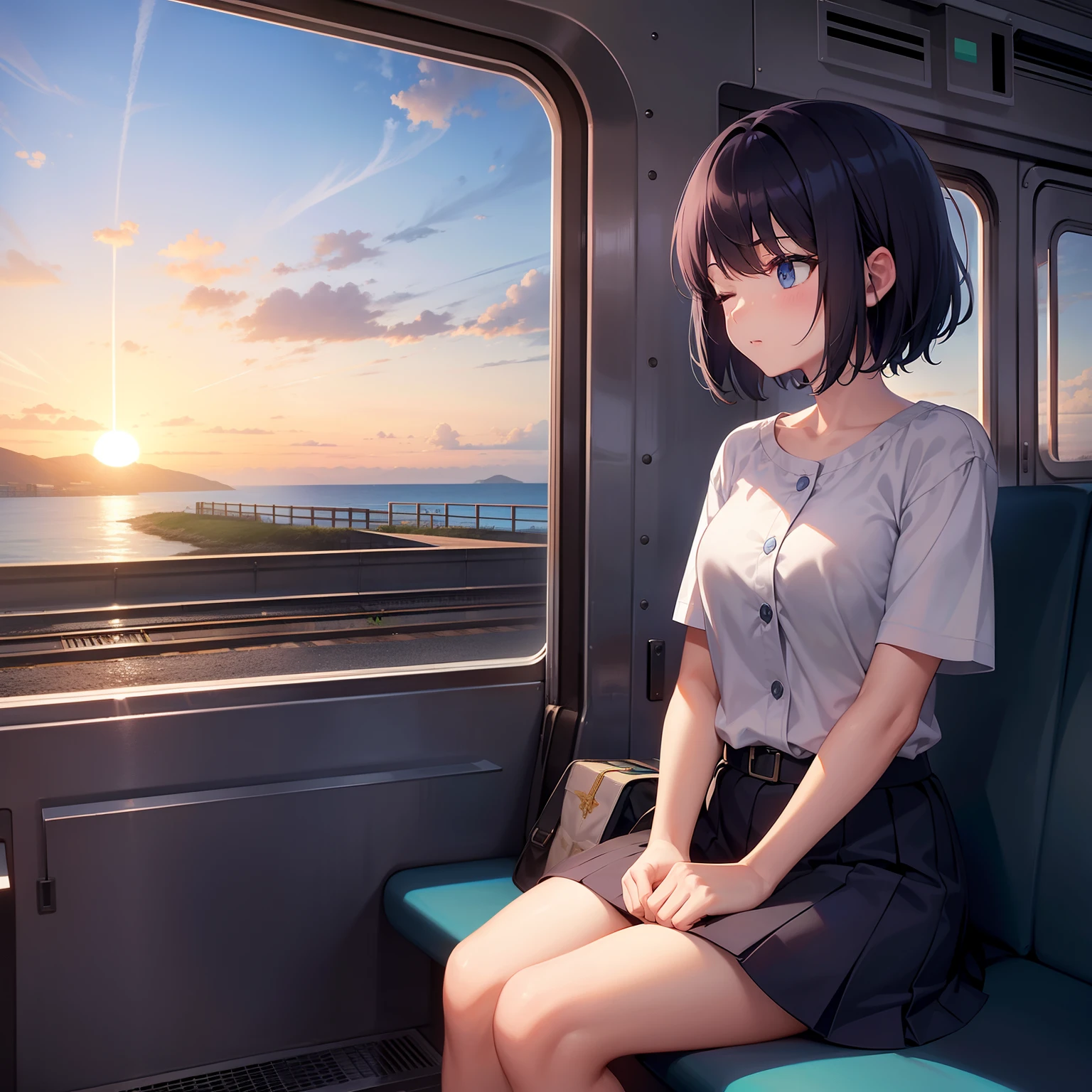 {1girl in, shortsleeves, Shorthair, A dark-haired, blue eyess}, {mare, the setting sun, train,Outside is the sea}, {sitting on, Are sleeping, Eyes closed}, concept-art, beautiful anime scene, Beautiful anime scenery, top-quality, ​masterpiece