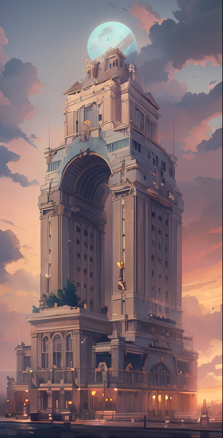 Building detailed anime illustration, landscape, vintage, dreamy, drawing, trending on artstation, UHD, (((by Quentin de Warren))):1.8, atmosphere, luminosity