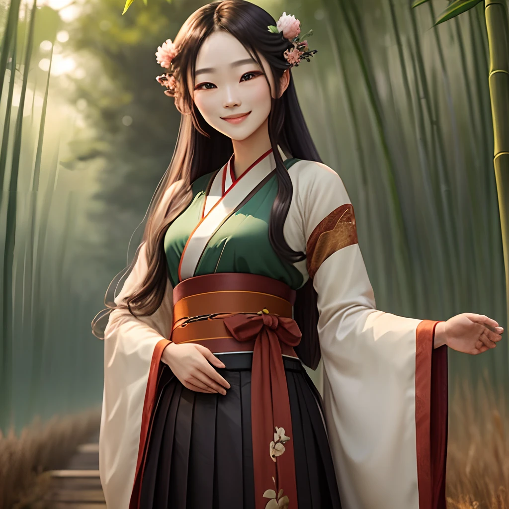 bamboo forest background,Green Hanfu bust-length skirt long skirt,Antique long hair,A smile on his face