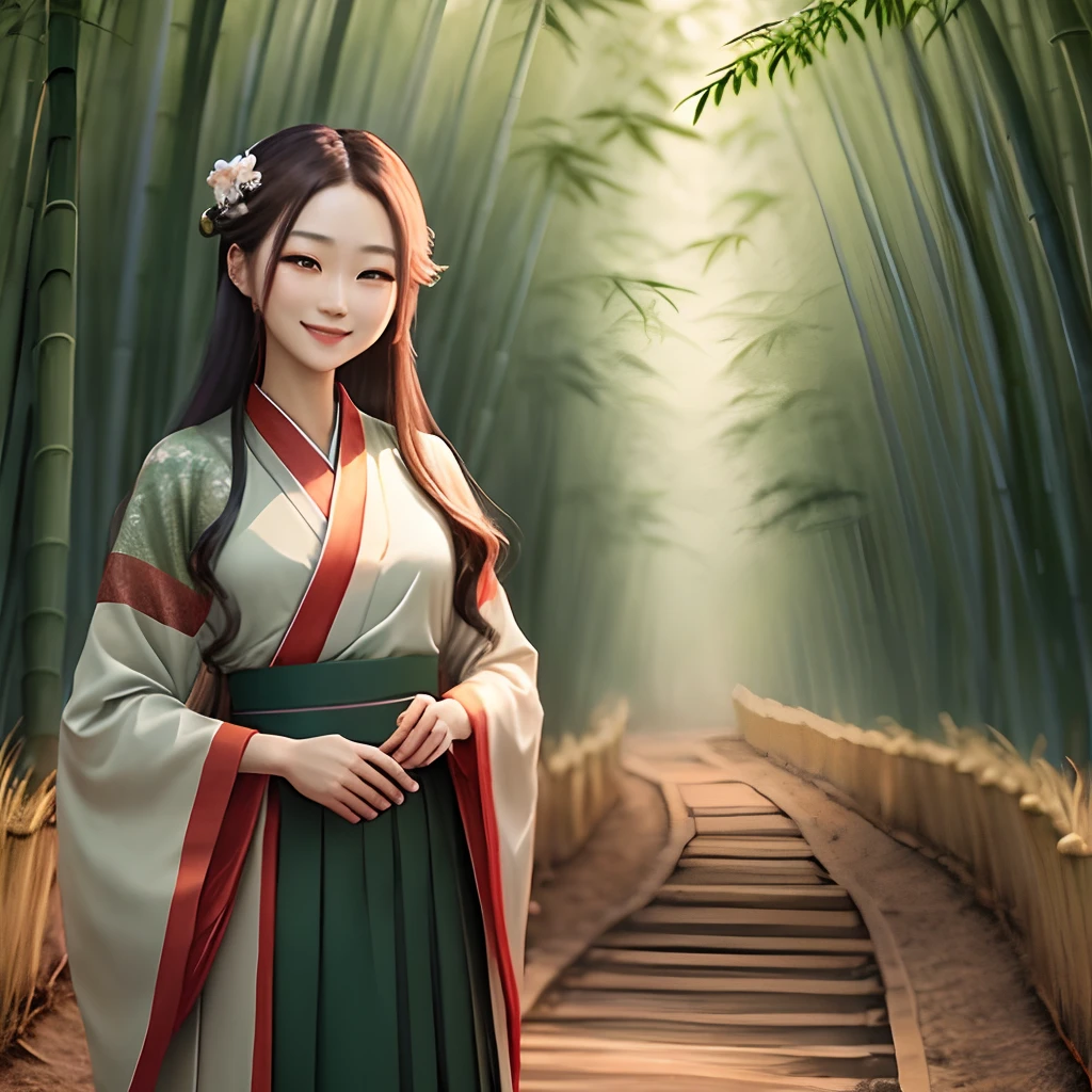 bamboo forest background,Green Hanfu bust-length skirt long skirt,Antique long hair,A smile on his face