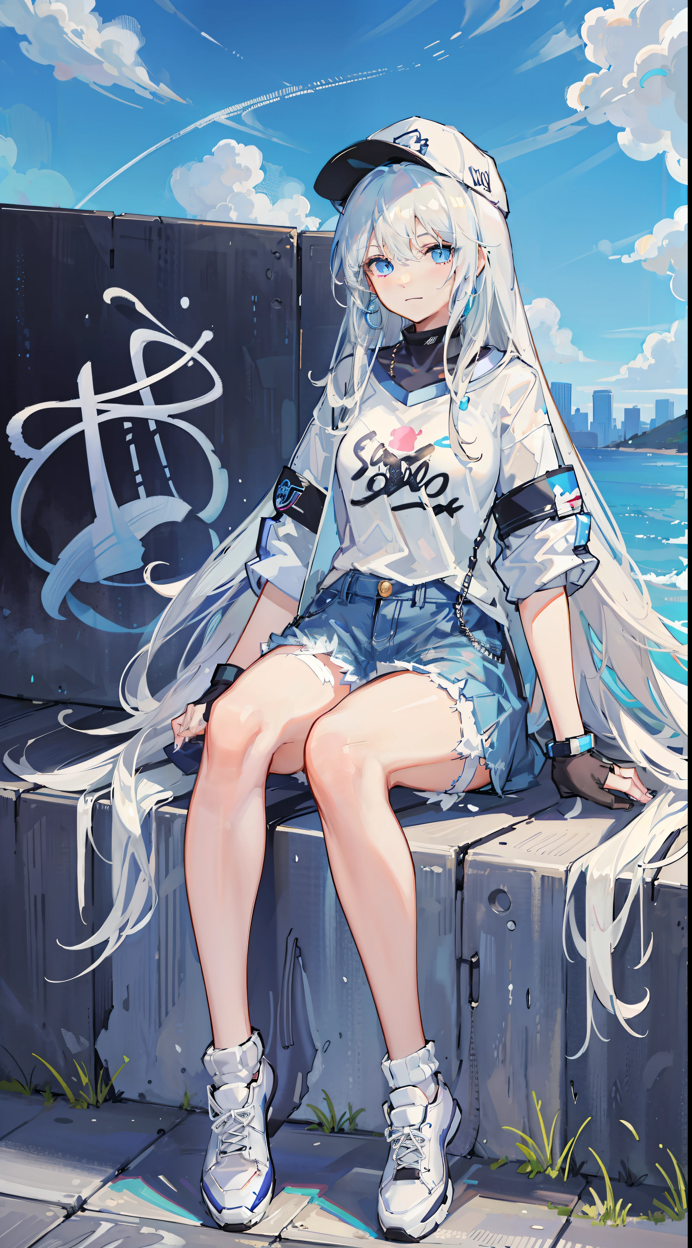 girl, blue eyes, white hair, baseball cap, jacket
sitting, crossed legs, casual pose, looking away
playful expression, slight smile, rosy cheeks
slender figure, stylish outfit
denim jacket, black t-shirt, ripped jeans
sneakers, white socks, anklets
accessories: necklace, bracelets, earrings
urban setting, graffiti wall, city street
sunny day, clear blue sky, fluffy clouds
vibrant colors, dynamic composition,style of anime4 K, Anime art wallpaper 4 K,Anime art wallpaper 4k,