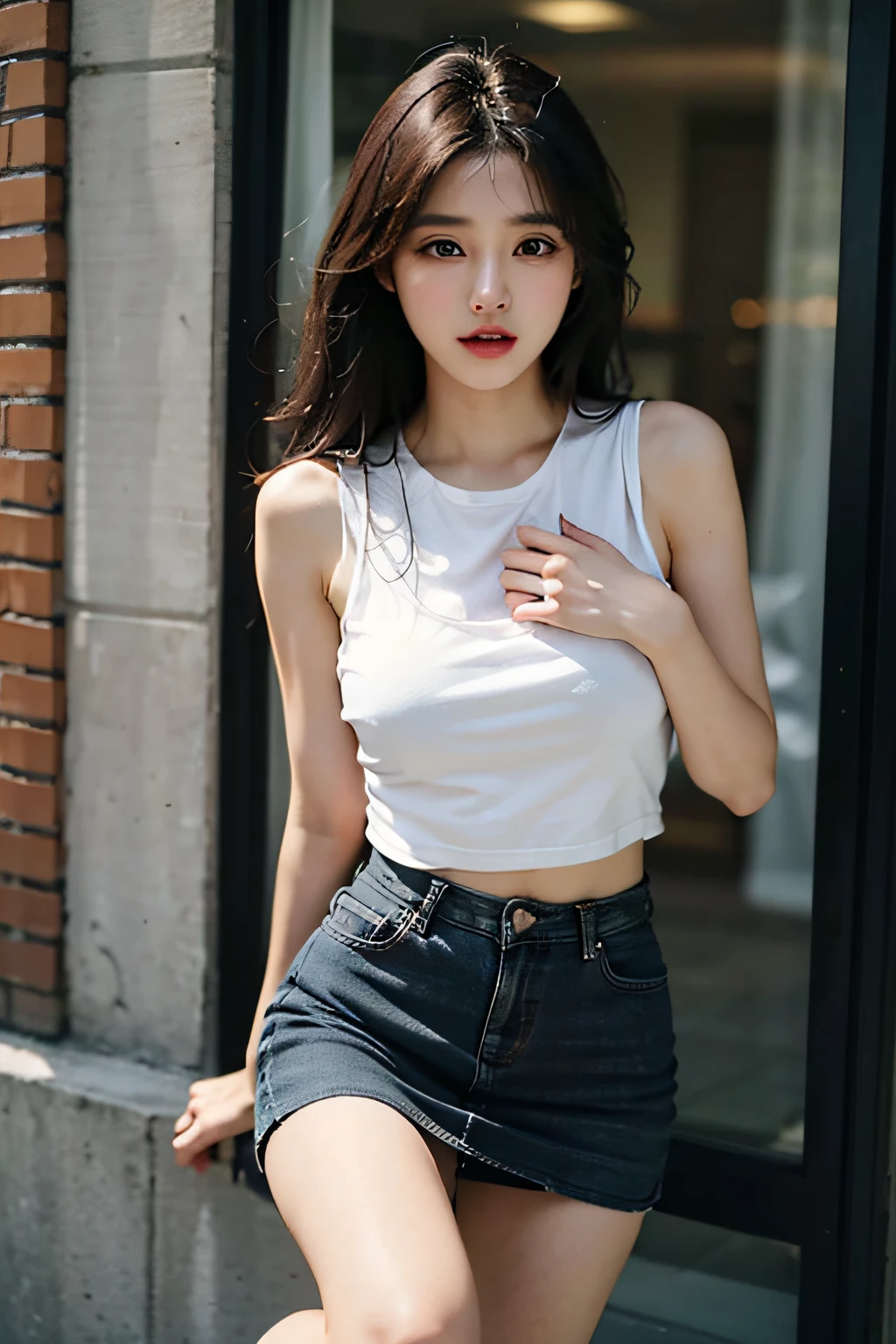 ​masterpiece, Top image quality, hight resolution, 独奏, middlebreasts, leaving the house, Short blouse, white tank tops, Latina, puberty, a short skirt, Jumping Window, frombelow, Both thighs are exaggerated, obscenity, a park,, hard breathing, Sex Expressions, Open legs、Long Black Hair、big eye、Korean Beauty