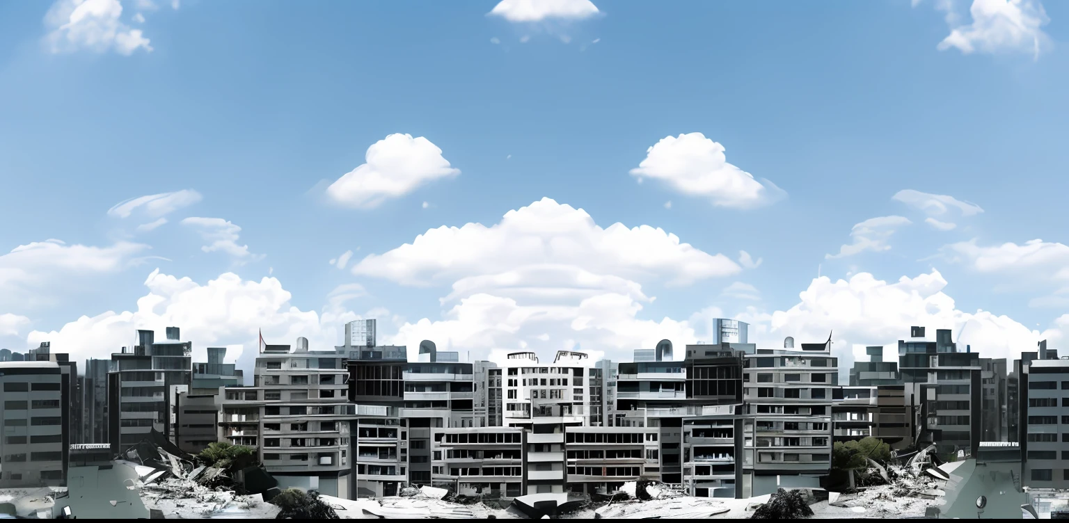 There is a sky The sky takes up two-fifths of the picture, and there is a picture of a city with many buildings, It is an Ultraman special photography scene with many buildings, lots of building, stacked buildings, full building, There are buildings that have been smashed by monsters,Honkai,Fire smokes