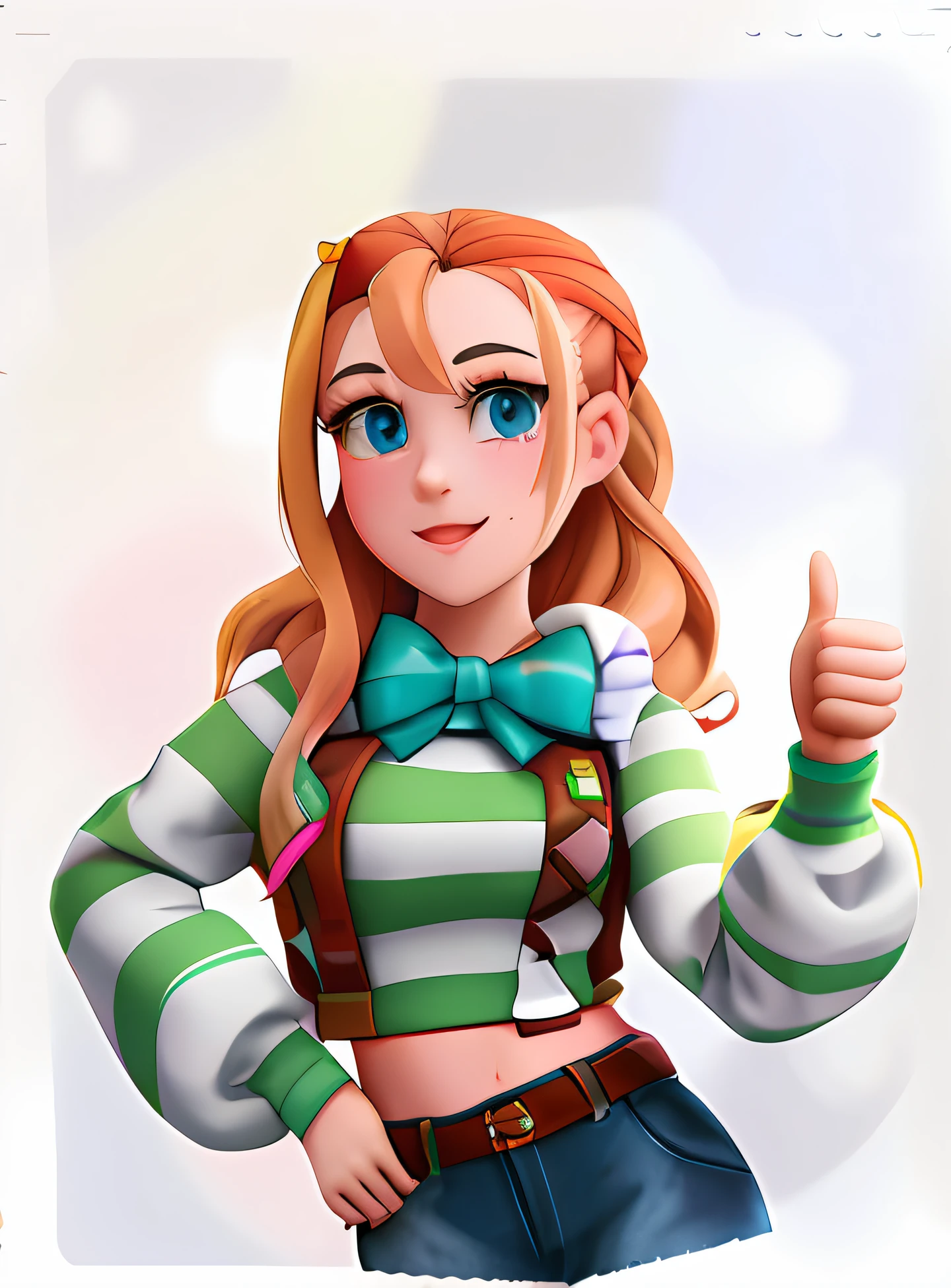 Cartoon girl thumbs up with bow tie and striped shirt, Abigail from Stardew Valley, anime styled 3d, realistic art style, Cartoon Art Style, clean artstyle, 🤤 girl portrait, epic art style, Casual pose, cute character, official character art, commission for high resolution, lovely art style, decora inspired, fortnite art style, oc commission