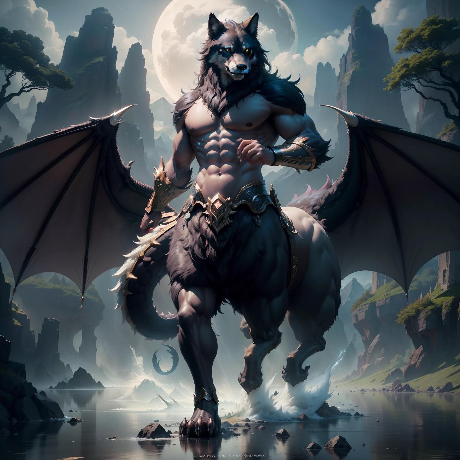 half wolf, The half-dragon stands on its hind legs in the water,Sideways photo,There are extra-long dragon tails。There are vertical scales on the back。The eyes are fierce。Has big furry ears。The villain is handsome,Strong and powerful, Dramatic cinematic details fur, hyper realistic fur, highly realistic photograph, cinematic full body shot, cinematic full shot, guardian of the holy lake, adventure hyper realistic render, volumetric fur, ultra-realistic picture, Make a gesture of majesty, hyperreal rendering,A combination of mythical creatures, wolves and dragons