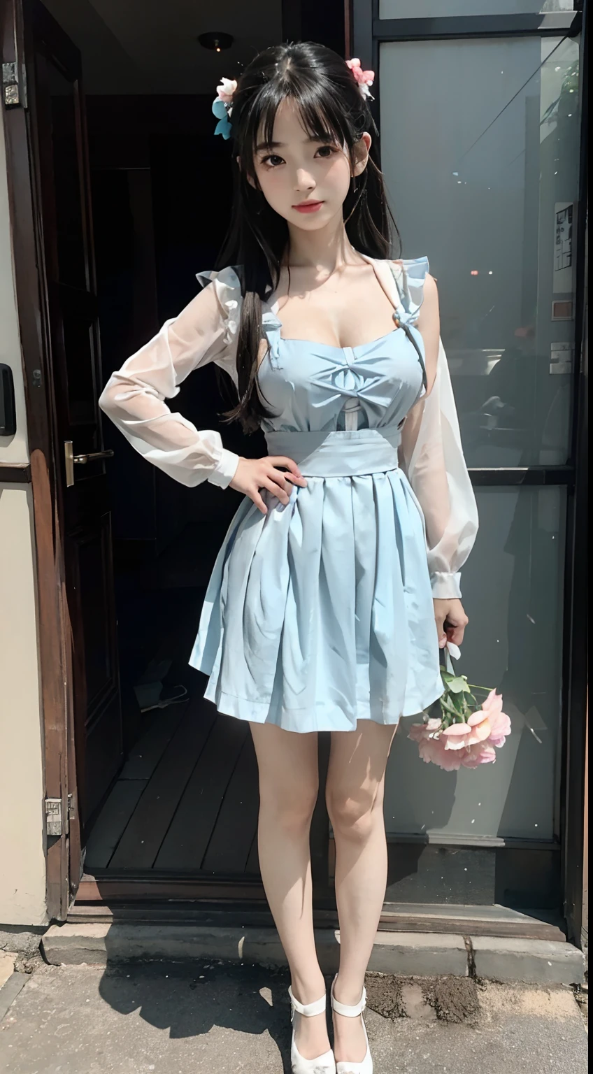 Dynamic Angle, One Girl, Big Breasts, ((Sexy Paradise Kiss Cosplay)), Bell-shaped skirt, petticoat, High neck, Puff sleeves, (( Very fine lace)), ((Very fine embroidery)), Intricate details, Paradise Kiss accessories and matching ribbon choker, ((Big Shiny Paradise Kiss Jewelry)), (Beautiful illustrations),(Beautiful medium-long silver hair),An innocent smile,Cinema Lighting, Red lipstick, Wristband,Wristband, Long white gloves, Day,(blue sky),(Beautiful Flower Park)