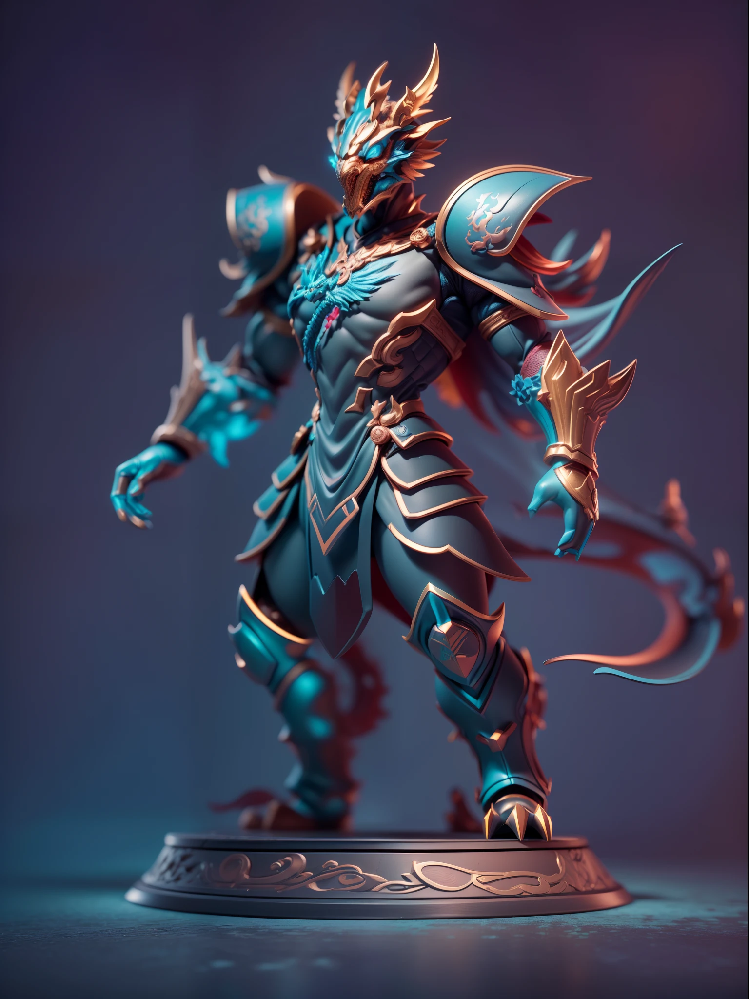 (Blind box toy style:1.3),((Full body shot))(anthropomorphism) , (1 strong Chinese dragon metal warrior)(((solo))) metal armor,dreamy glow, Clean dark background,Red cyan style，(circular base）( Global illumination, Ray tracing, hdr, unreal render,reasonable design, high detail, Masterpiece, Best quality, hyper HD, Cinematic lighting)