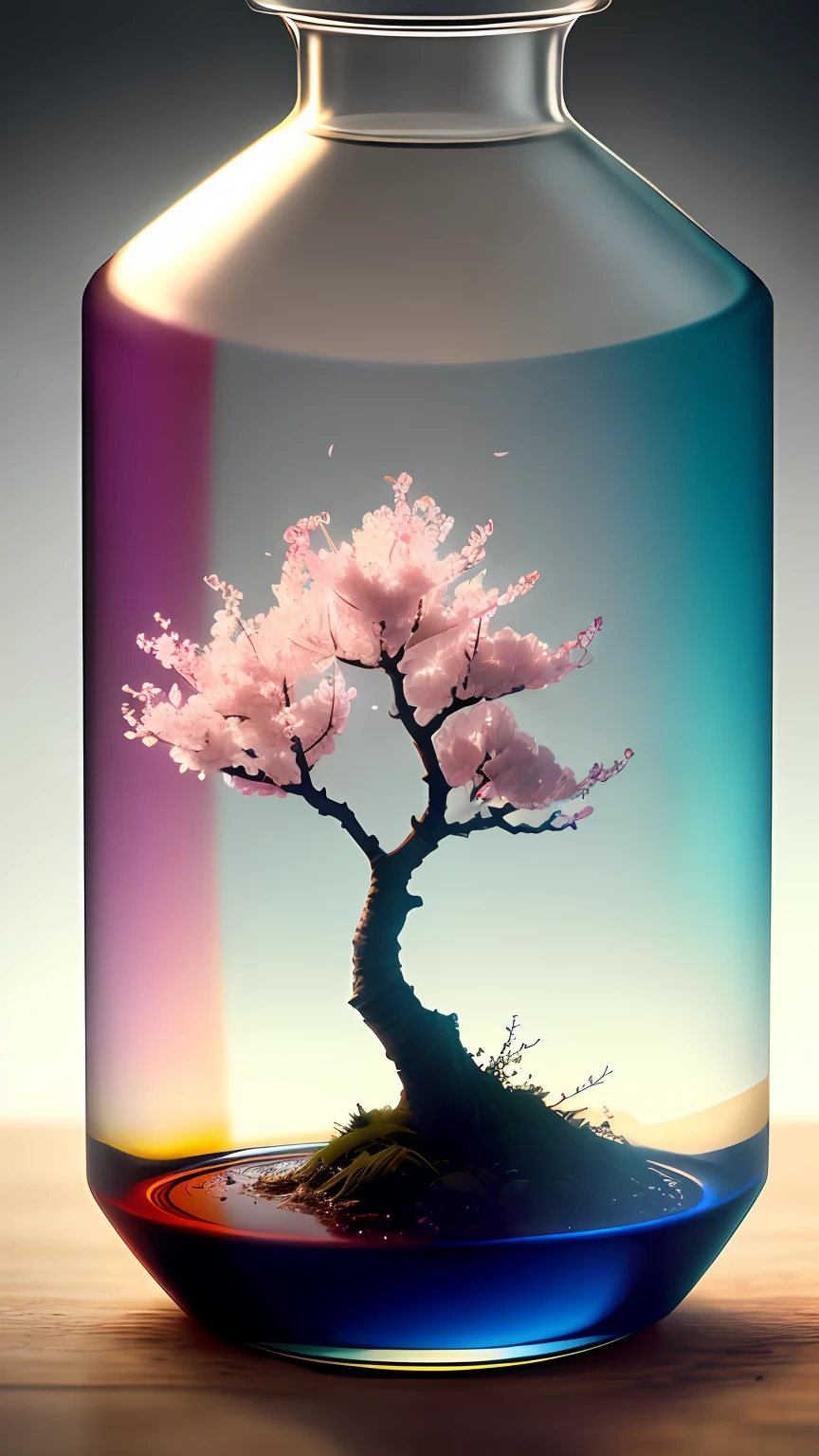 Cherry blossom tree in a bottle,Grows out of the bottle,nipple sticking out,fluffly,realisticlying,Atmospheric light refraction,Photo by Lee Jeffries,Nikon D850 Film Stock Photo 4 Kodak Portra 400 Camera F1.6 shots,rich colours,hyper realistic lifelike texture,dramatic lighting,unreal engine trending on artstation cinestill 800,Style-Glass