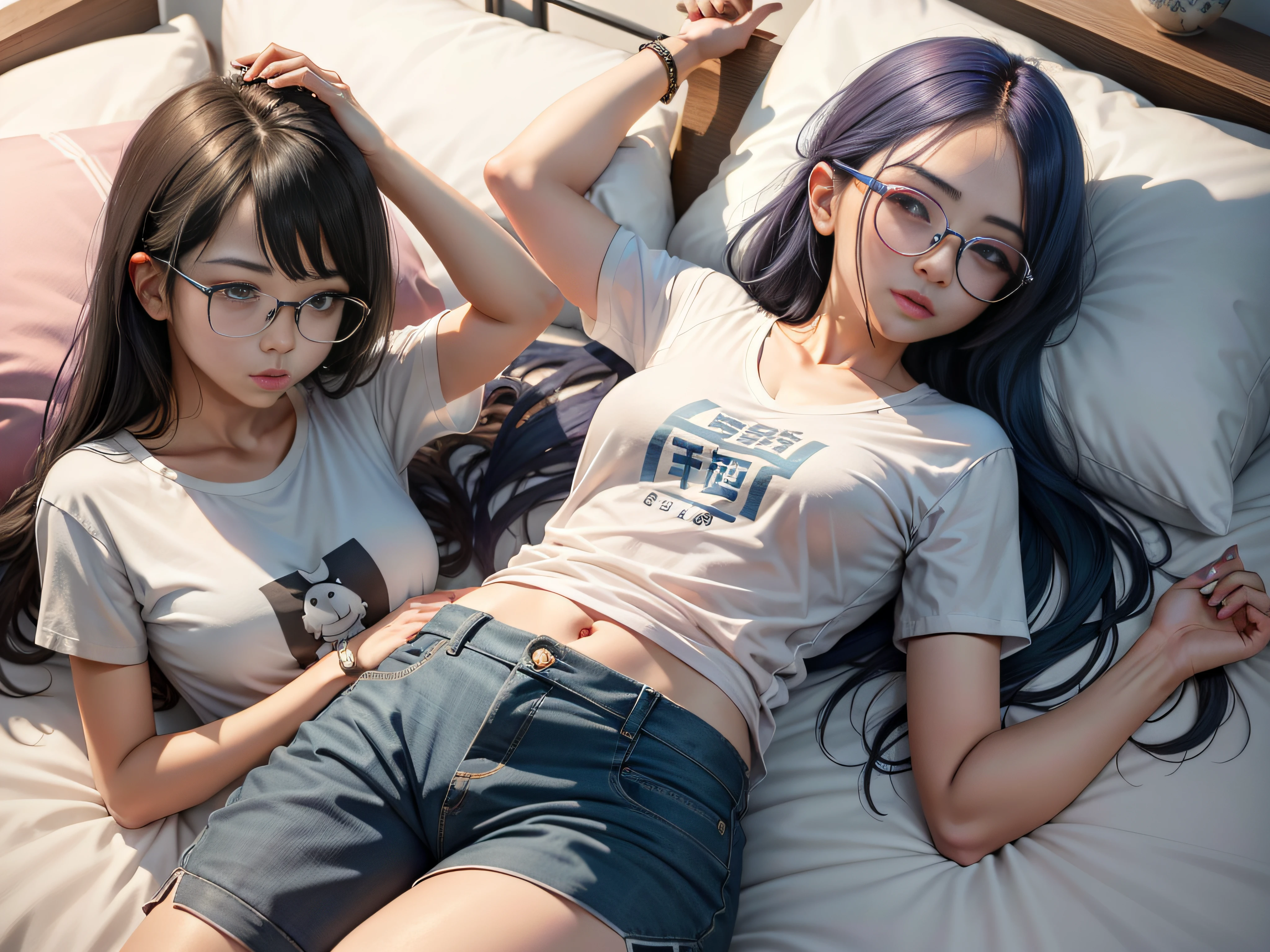 one-girl，（grown woman：16.18），white short sleeve，（blue long hair：1.3），dual horsetail，wears glasses，sin pantalon，（鎖骨：1.1），Lie down in bed，Look at your phone，Pigeon Circle，（chest circumference：1.4），Lovely touch