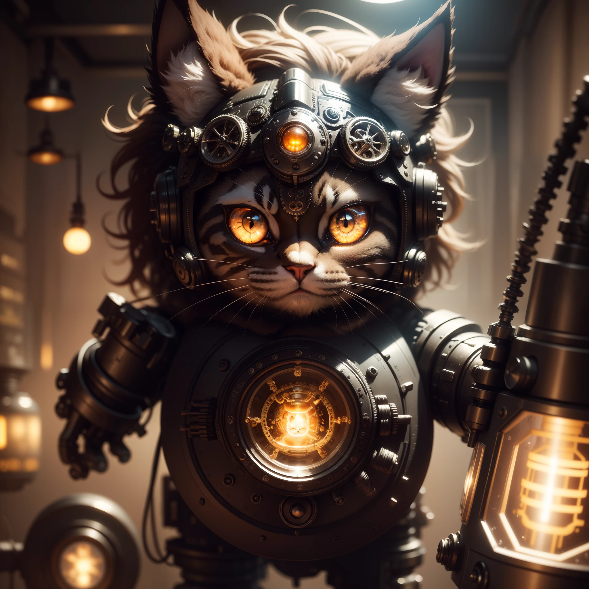 a cute fluffy kitten made out of metal, cyborg, cyberpunk style, clockwork, ((intricate details)), hdr, big eyes, ((intricate details, hyperdetailed)), vacuum tube or electron tube, cinematic shot, vignette, bokeh effect beckground