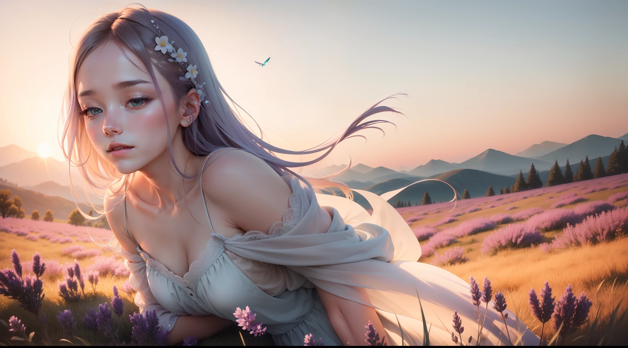 A soft, watercolor backdrop in muted shades of lavender, sky blue, and pale gold represents the early morning sky. Positioned centrally is a delicate silhouette of a lark, its wings outstretched in mid-flight. Below, gentle strokes depict a meadow, with hints of dewdrops glistening on grass and the faintest impressions of dragonflies hovering above. The overall effect is dreamy, ethereal, and deeply calming.